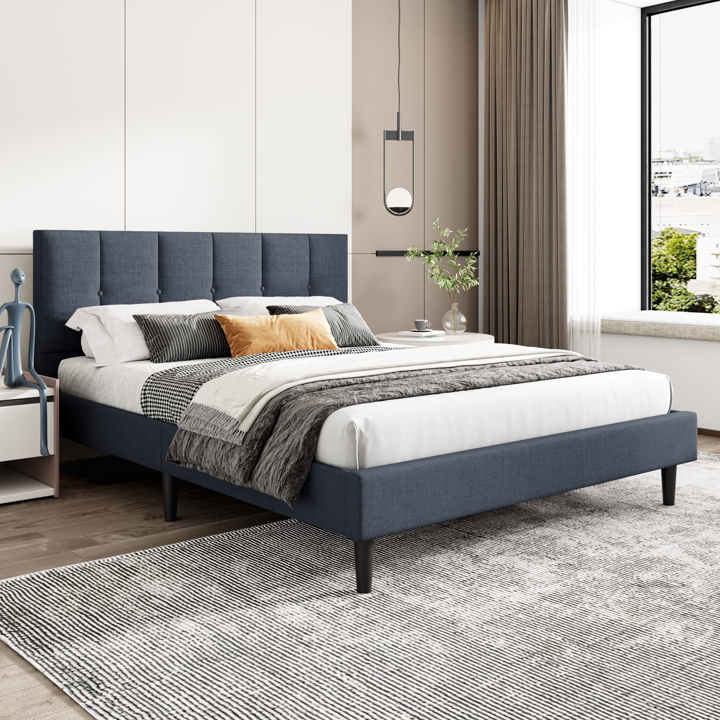 Upholstered Platform Bed Frame Queen Size with Headboard, Central Metal Wood Slat Support, Noise-Free,No Box Spring Needed Dark Grey