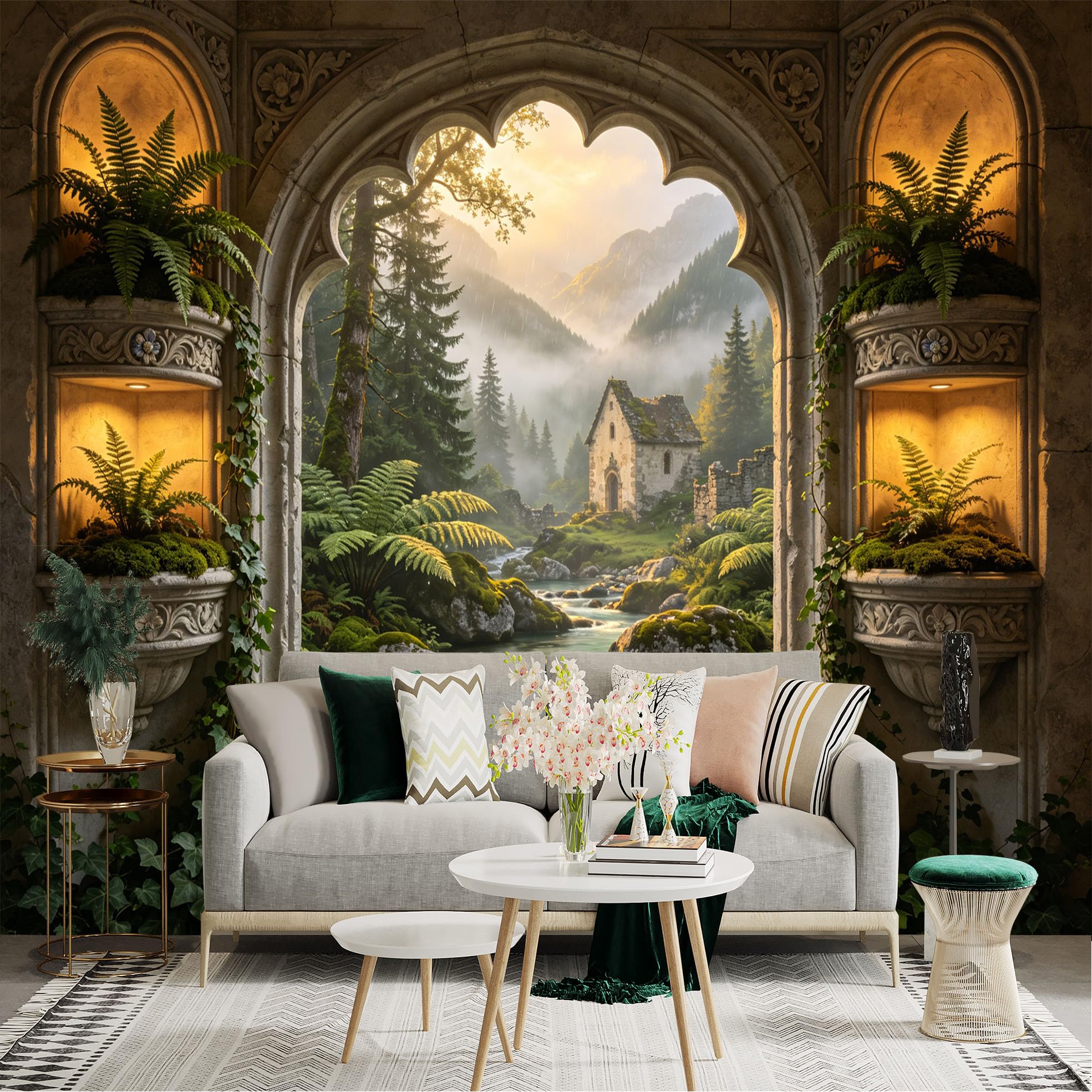 Custom Size Wall Sticker Mural， Scenic Forest Stream with Cottage， Stone Arch and Ferns， for wall Decoration， peelandstick wall Decals.