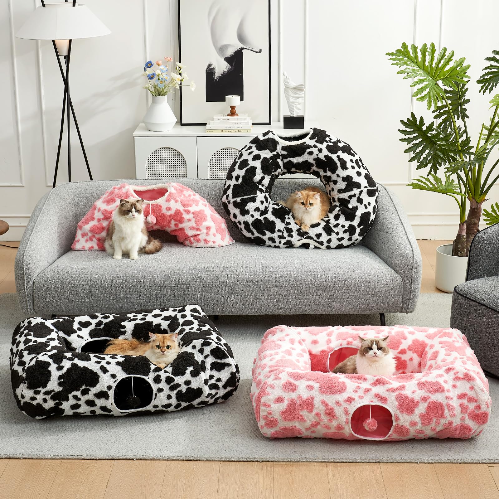 COZY KISS Tunnel per Gatti Interni con Letto, Tunnel con Due Entrate, Cuccia Con Cuscino Lavabile, Peluche Morbida, Interattivo per Cuccioli/Gattini/Conigli (Bianco & Nero, 85D)