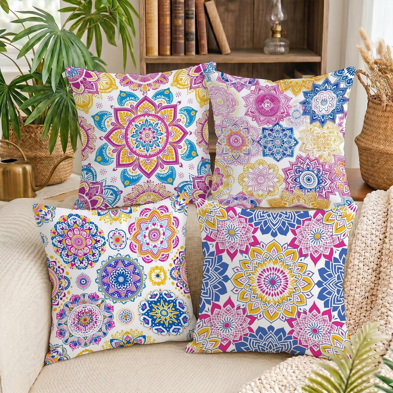 Kissenbezug 60x60 cm 4er Set Beidseitig Bedruckte Farbe Mandala Samt Zierkissenbezüge, wasserdichte Outdoor Kissen Dekokissen für Lounge Deko Wohnzimmer Garten Wohnaccessoires & Schlafzimmer C-O39