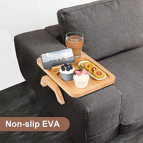 Miniatura 5 de Amazingwood Bandeja de brazo para sofá, mesa de bambú con soporte para copa de vino, bandeja plegable para reposabrazos con clip en sofás anchos