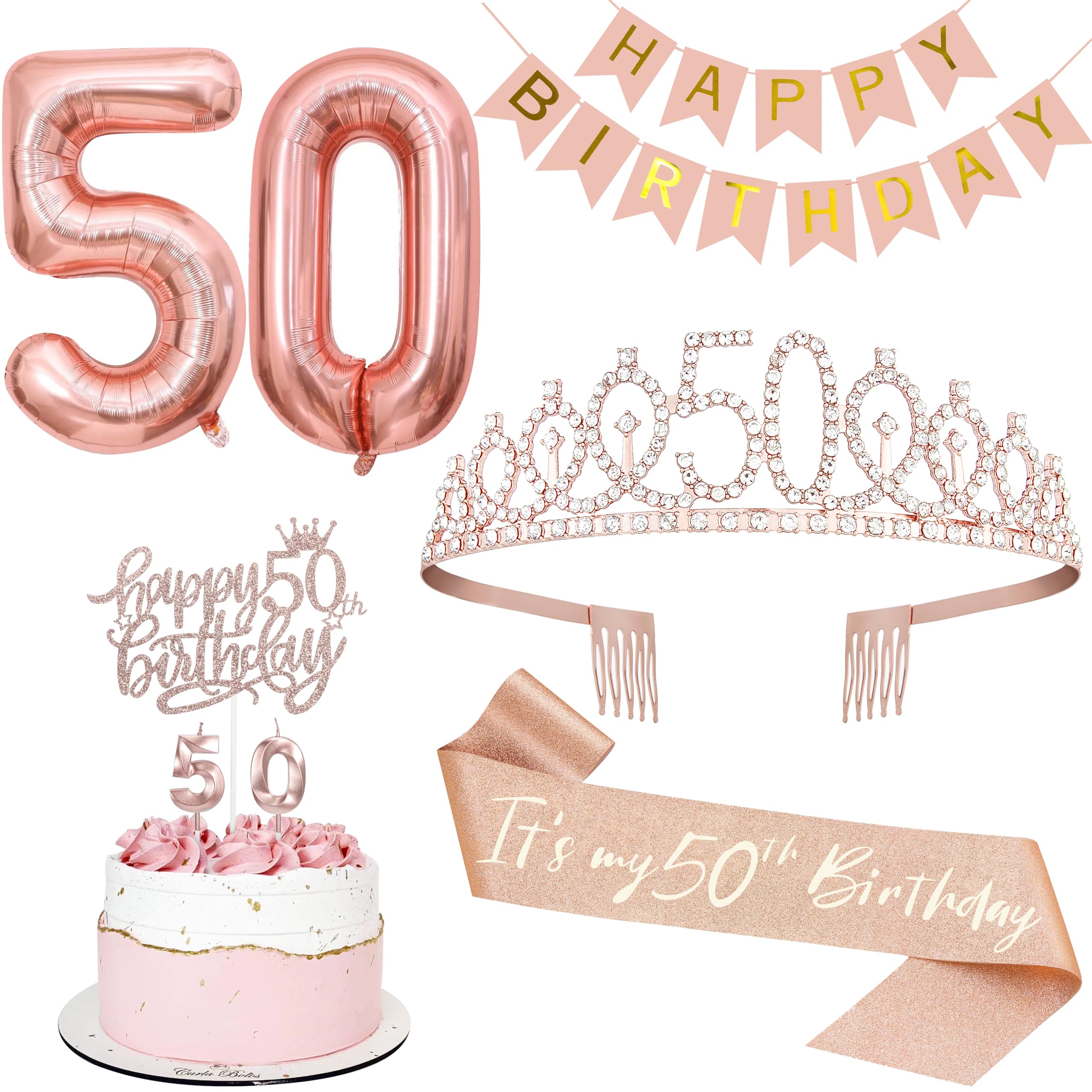Photo 1 of 50th Birthday Decorations for Women, Including 50th Tiara and Sash, Happy Birthday Banner, Cake Toppers, Number Candles and Balloons Set, Rose Gold