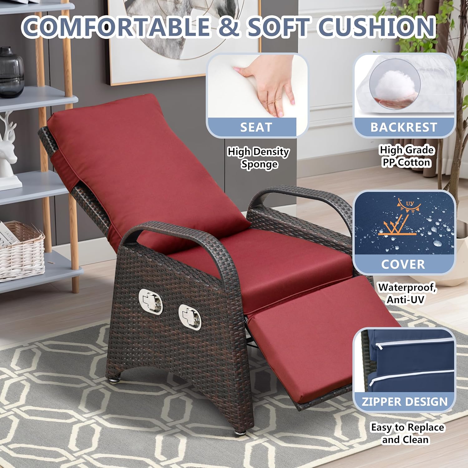 Skypatio Outdoor Patio Recliner Chairs Set of 2, Independently Adjustable Backrest and Footrest Patio Wicker Reclining Lounge Chair with Flip Side Table for Indoor, Balcony, Porch (Red)