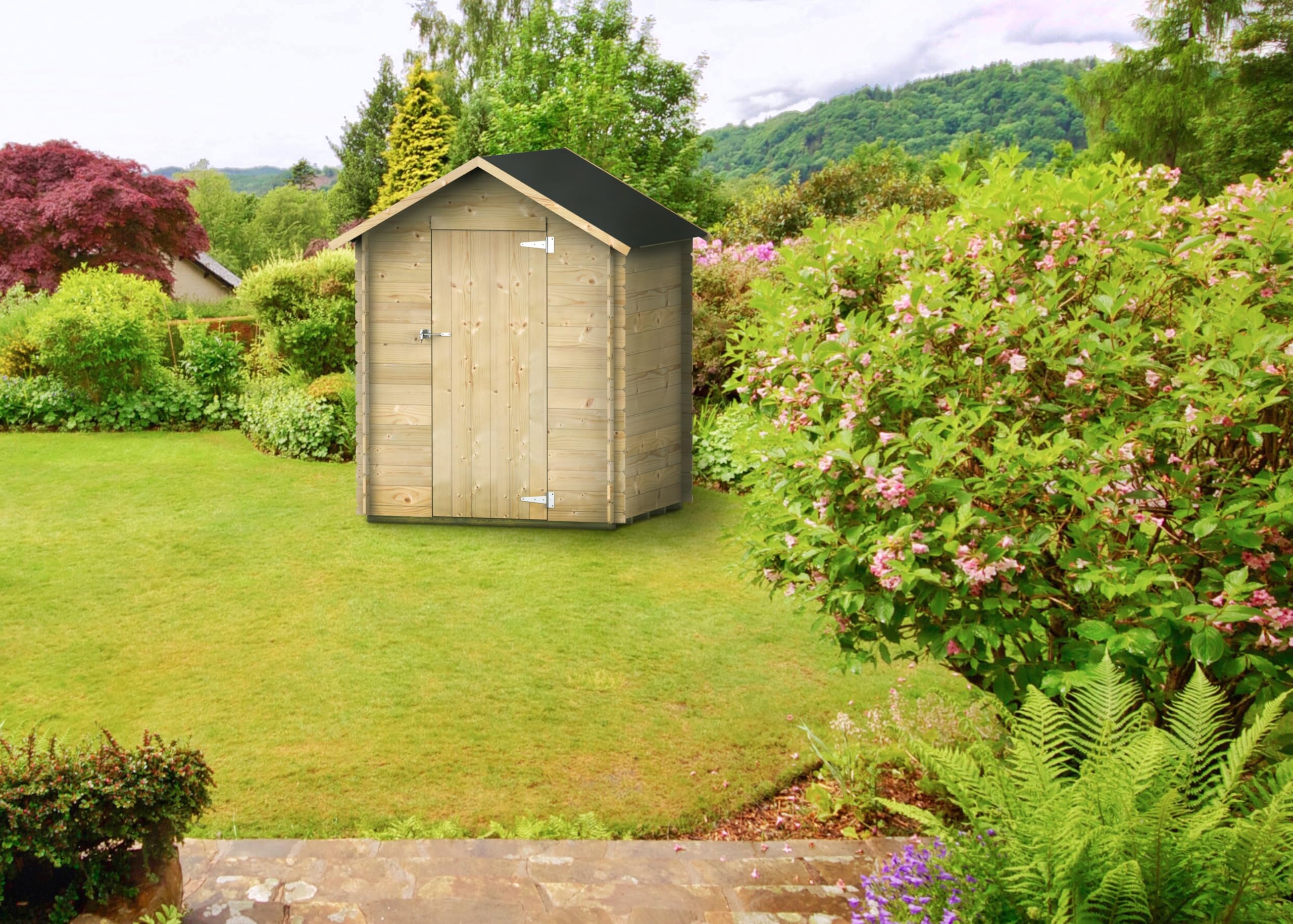 Gartenhaus Bh16 Marcella 146x130 aus Naturbelassenem Fichtenholz 16 mm mit Einzeltür, OSB3-Dach und -Boden, einfacher Aufbau, druckimprägniert, PEFC-Zertifiziert