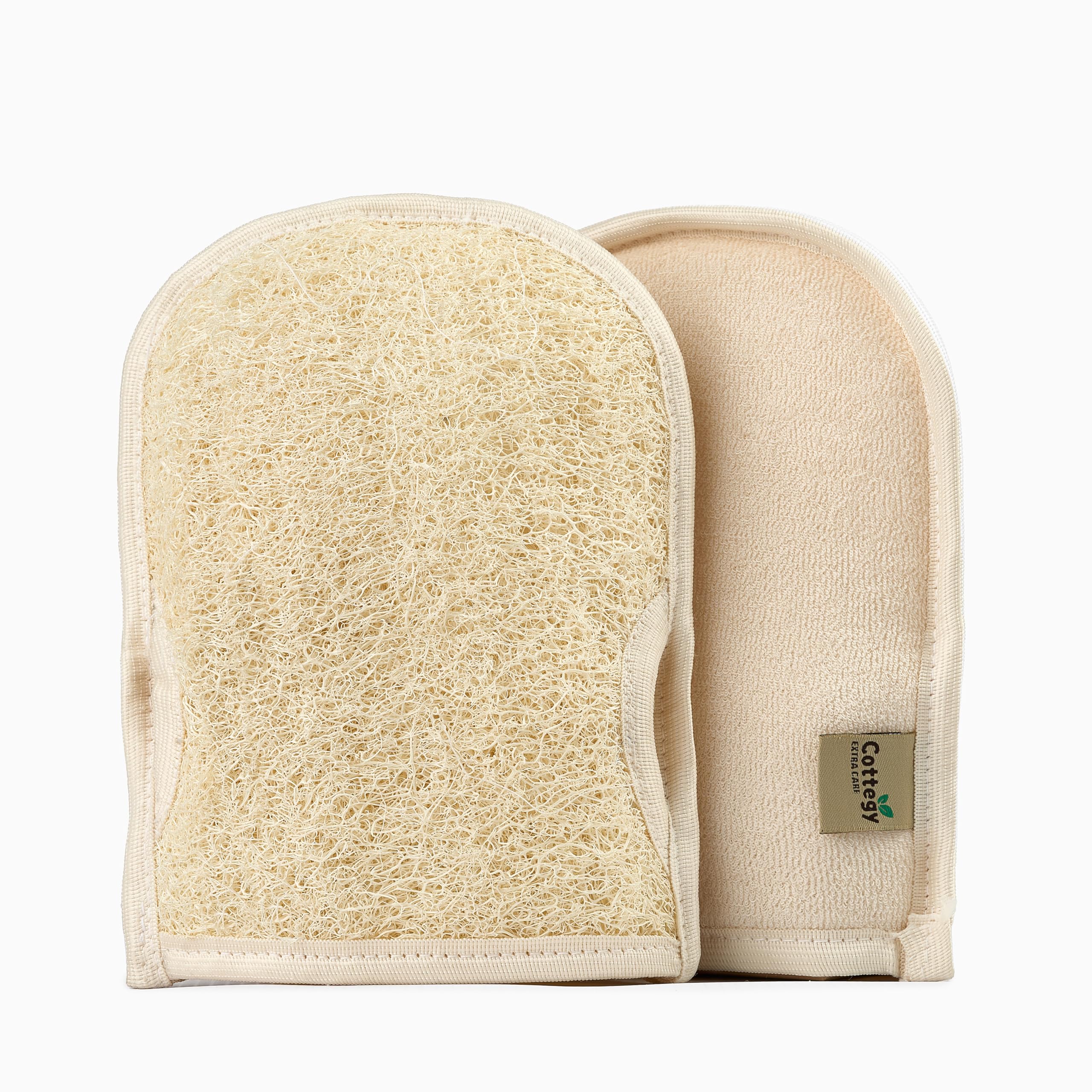 Cottegy Premium Exfoliating Loofah Gloves – Natural Egyptian Loufa Sponge Body Scrubber Mitts for Soft, Radiant Skin – Left and Right Thumb Holes -