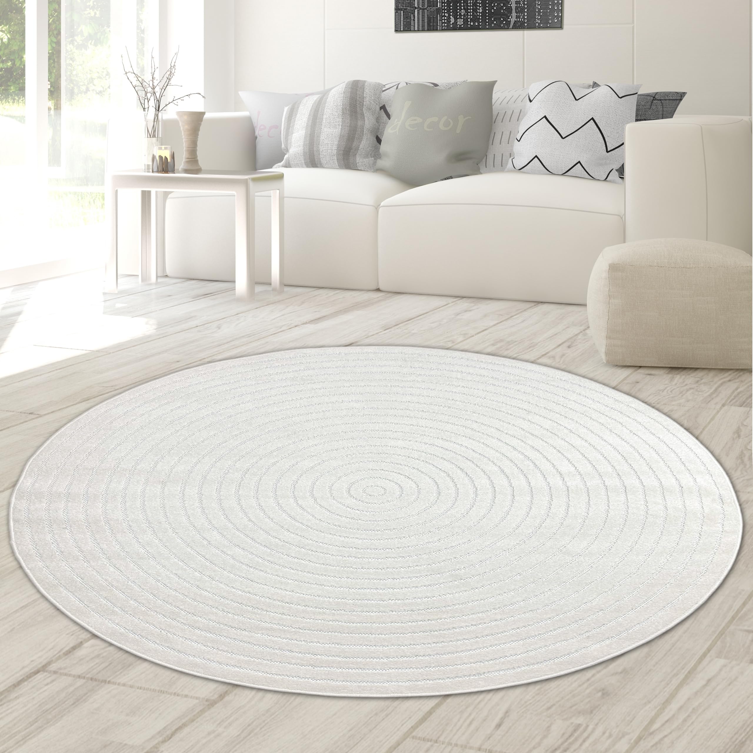Teppich-Traum Tapis Intérieur et Extérieur résistant aux intempéries pour Balcon terrasse Salon de Haute qualité Moderne et Facile à Entretenir crème diamètre 160 cm