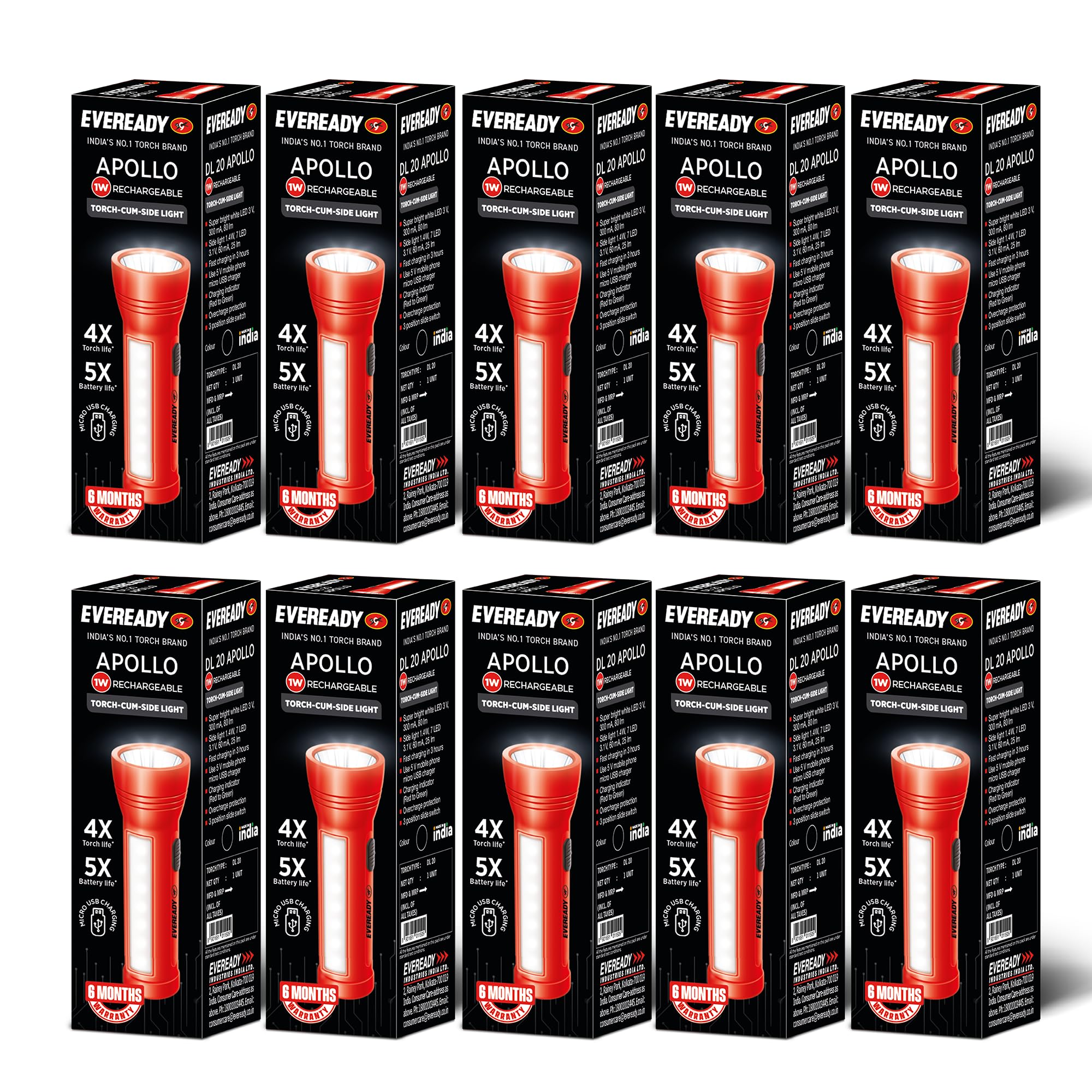 Eveready Apollo DL20, Rechargeable 1W Torch Cum 1.4W Emergency Sidelight/Face Light, Type-B/Micro USB Fast Charging, Overcharge & Deep Discharge Protection, Powered by Li-Ion Battery, Pack of 10-image-18