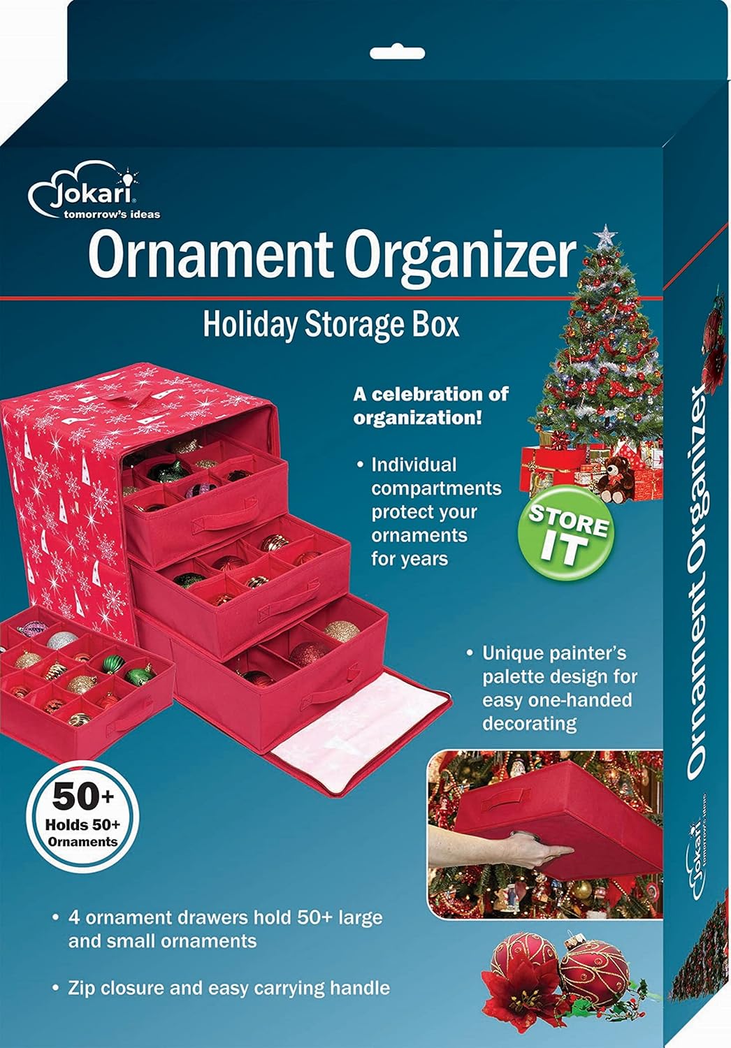Jokari Holiday Ornament Storage Container and Closet Organizer. Safely and Securely Store Over 50 Ornaments. Decorative Toile Holder for Fragile Indoor or Outdoor Christmas-Tree Decorations (1)