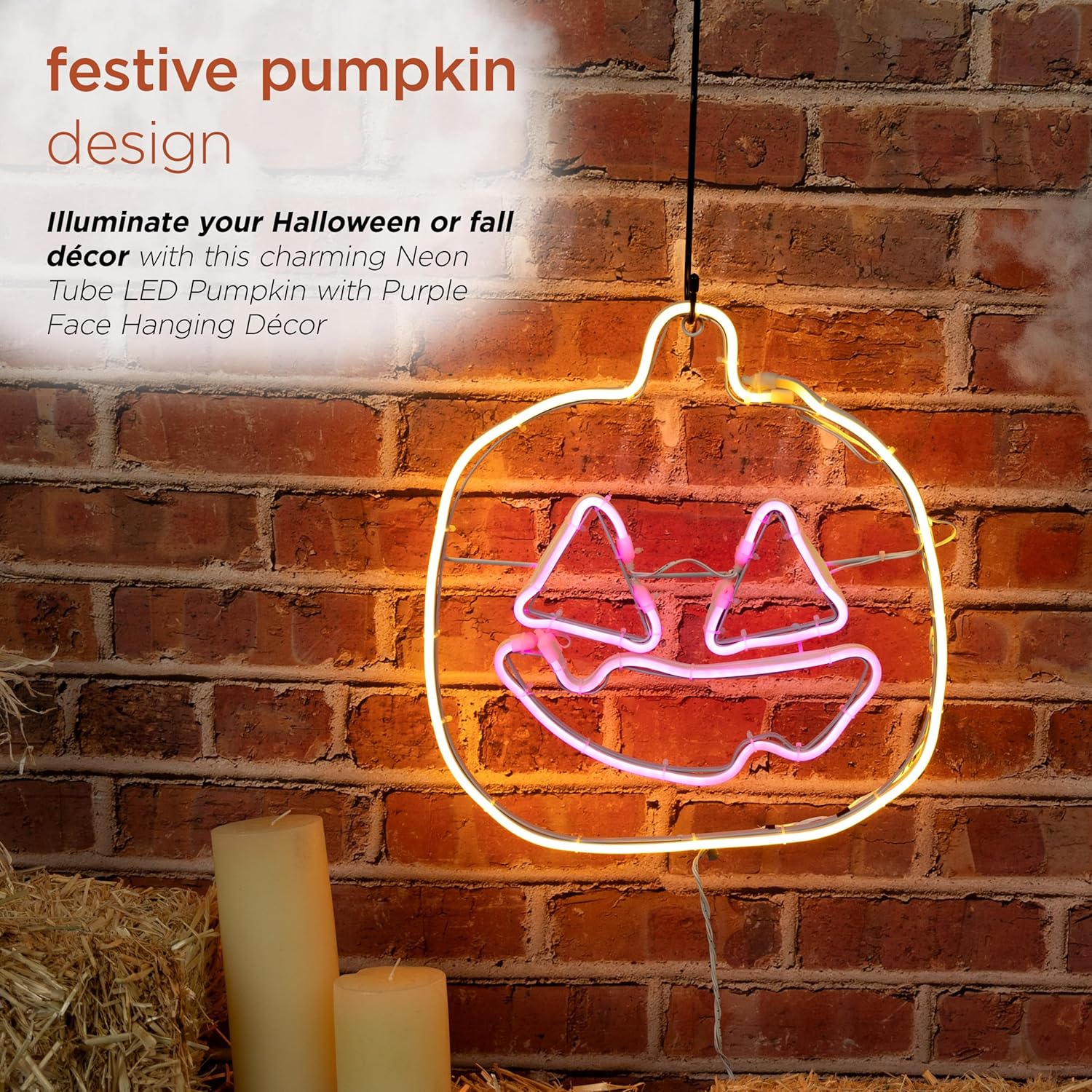 Alpine Corporation Neon Tube LED Pumpkin with Purple Face Hanging Decor