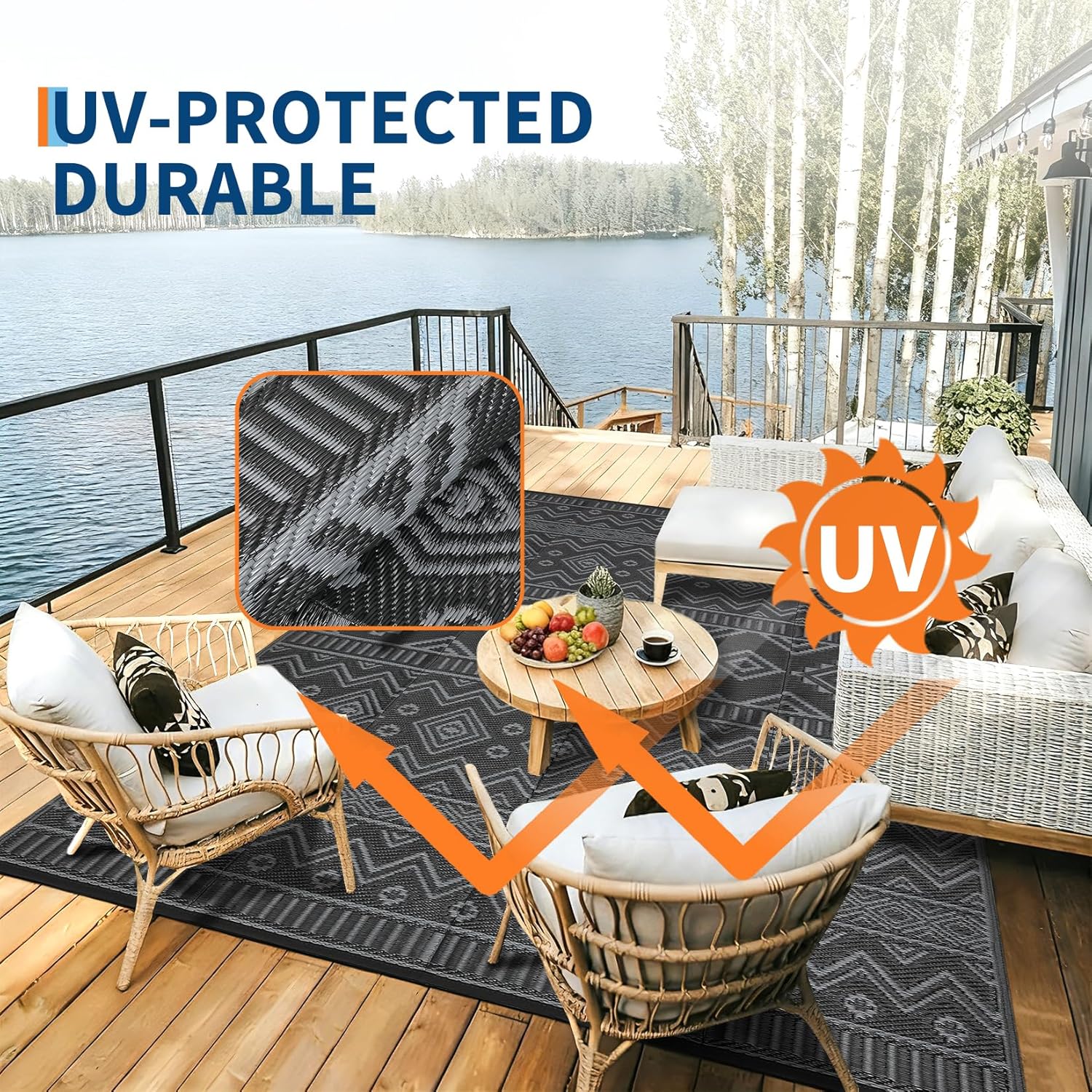 Boho 9x18 Waterproof Outdoor Rug, Reversible Plastic Straw Mat, Tribal Geometric Washable RV Camping Carpet, Foldable UV Resistant Deck Rug for Picnic Backyard Balcony Porch Patio, Gray