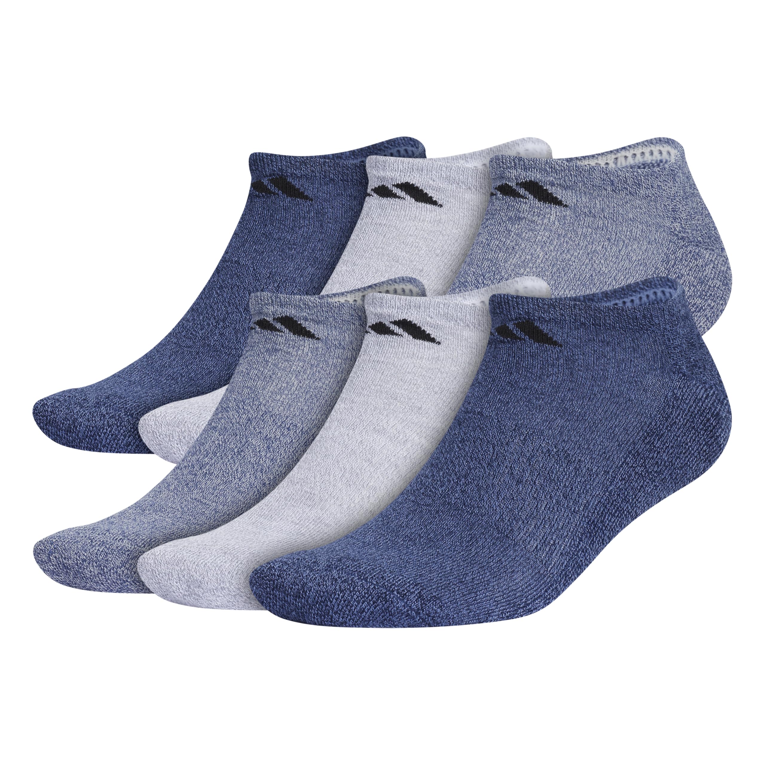adidas Men's Athletic Cushioned Socks, 6-Pack No Show with Arch Support, Tech Indigo Blue/Grey/Collegiate Navy, Large