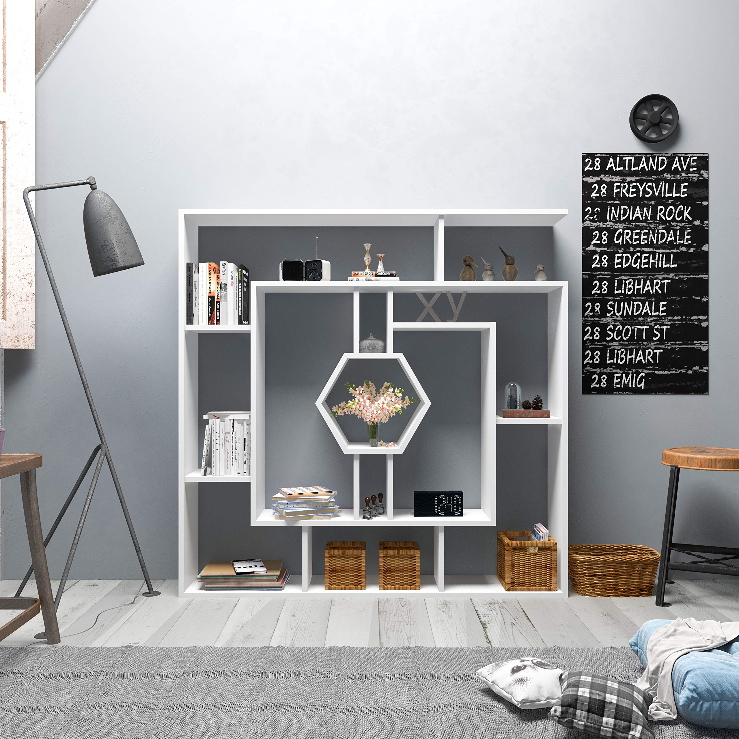 DECOROTIKA 53" Labrina Geometric Bookcase for Home & Office (White)
