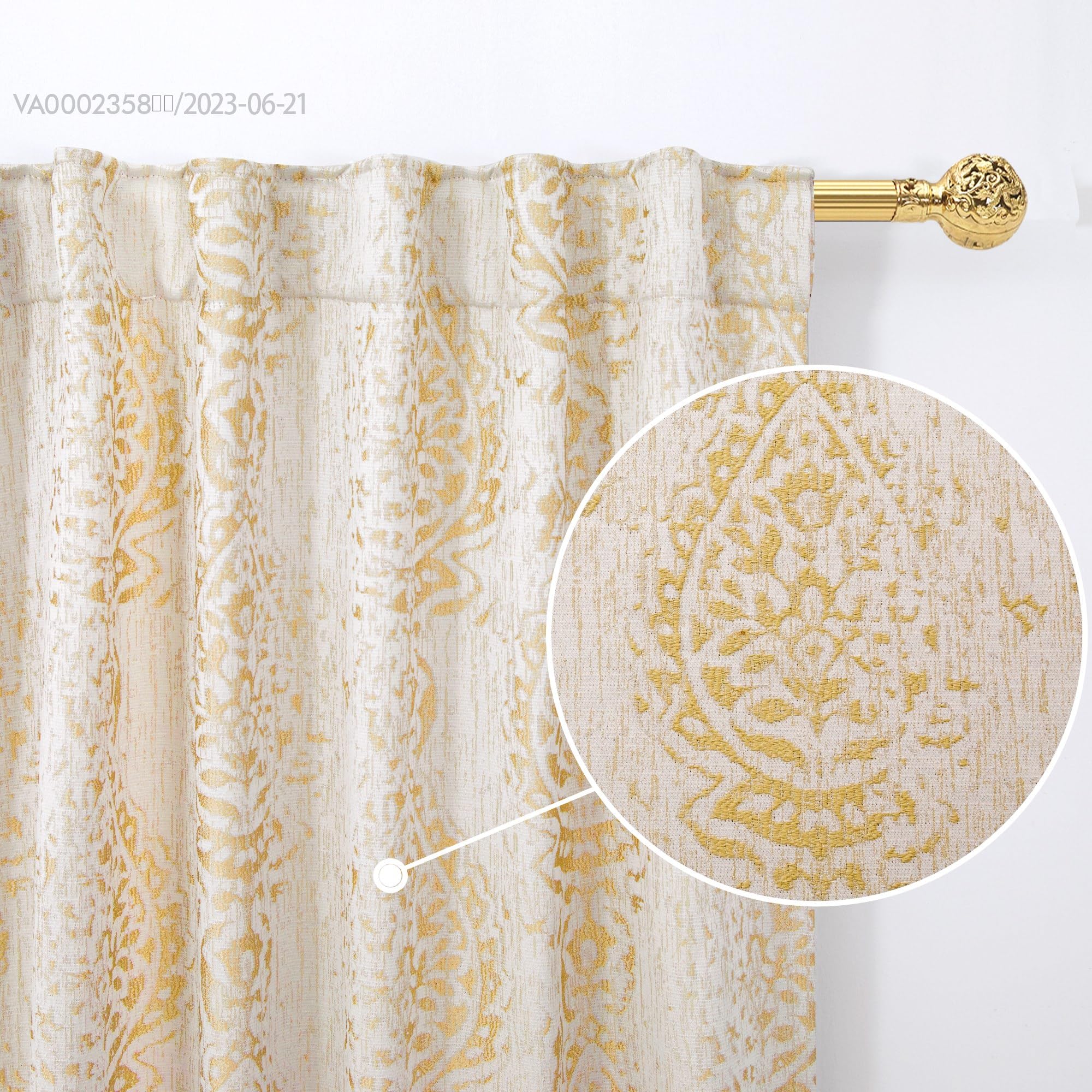 Mrs.Naturall Gold Luxury Curtains for Living Room 90 Inches Long,Back Tab 50% Blackout Jacquard Printed Damask Elegant Curtains for Bedroom 90 Inch Length 2 Panels Set