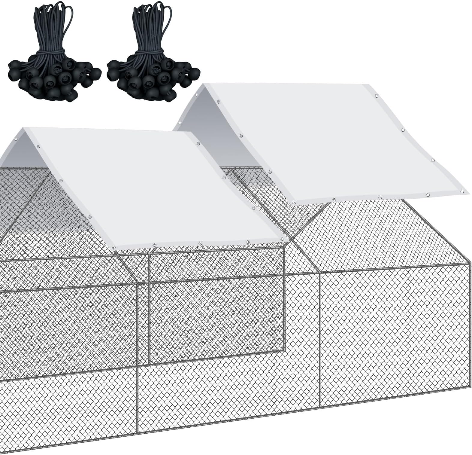 2 Pcs Outdoor Metal Chicken Coop Cover with 50 Pcs Ball Bungees Cords Waterproof and Sun Resistance Fence Chicken Cages Cover for Outdoor Large Walk in Chicken Run Pen, 11.5 x 6.6 ft (White)