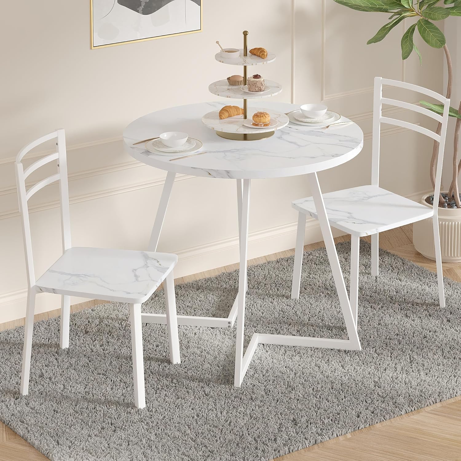 (Incomplete ) VECELO Small Round Dining Table Set for 2, Wood Tabletop with Strong Metal Frame, Modern Dinette with Chairs for Kitchen, Breakfast Nook Living Room, Faux Marbled & White Faux Marbled & White 31.5 inches diameter