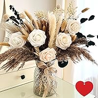 RyddeligHome 100pcs Artificial Pampas Grass Flowers with Vase - Boho Dining Table Centerpiece, Fake Floral Bouquet for Coffee Table Decor