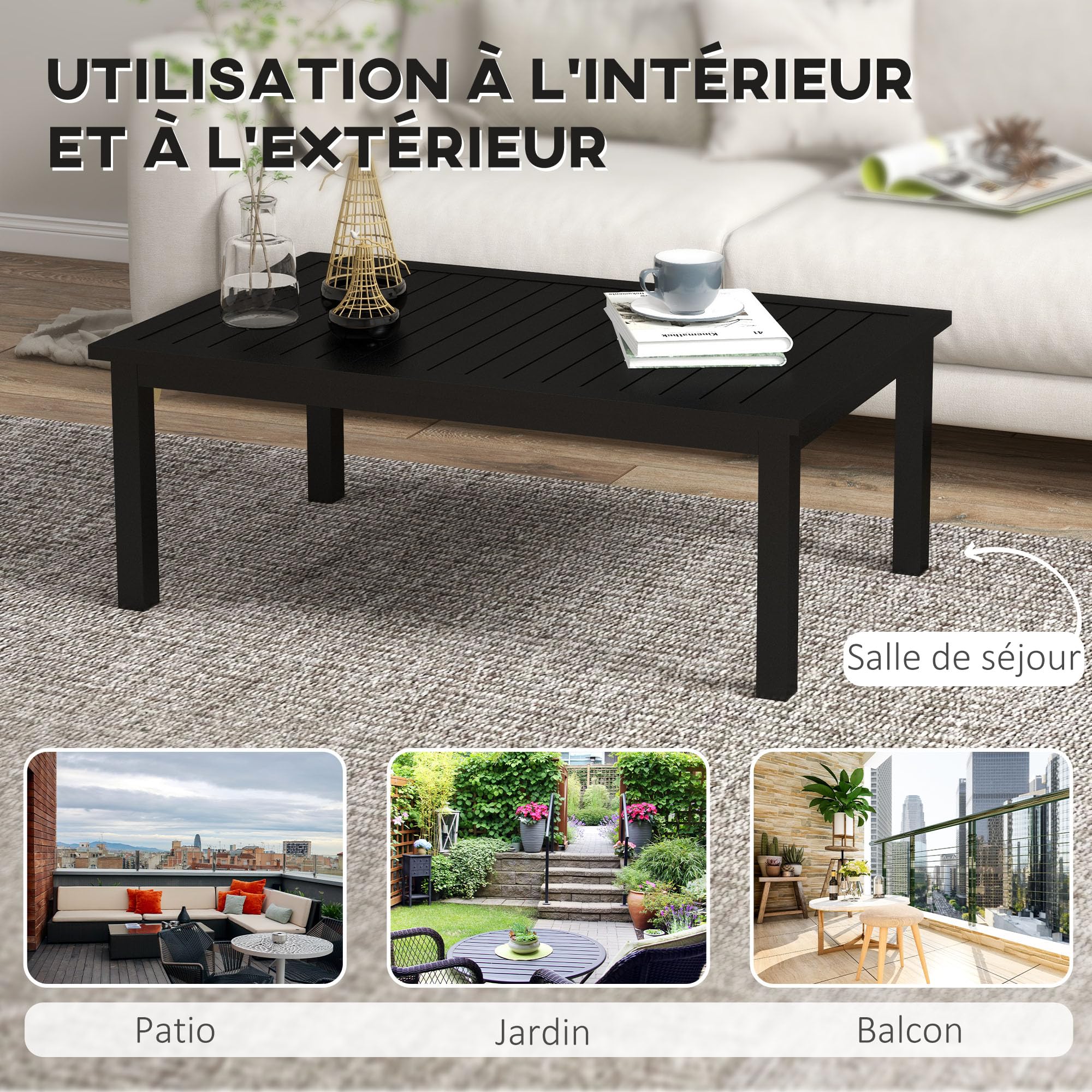 Outsunny Table Basse rectangulaire Jardin Aluminium 100x60x37 cm Noir