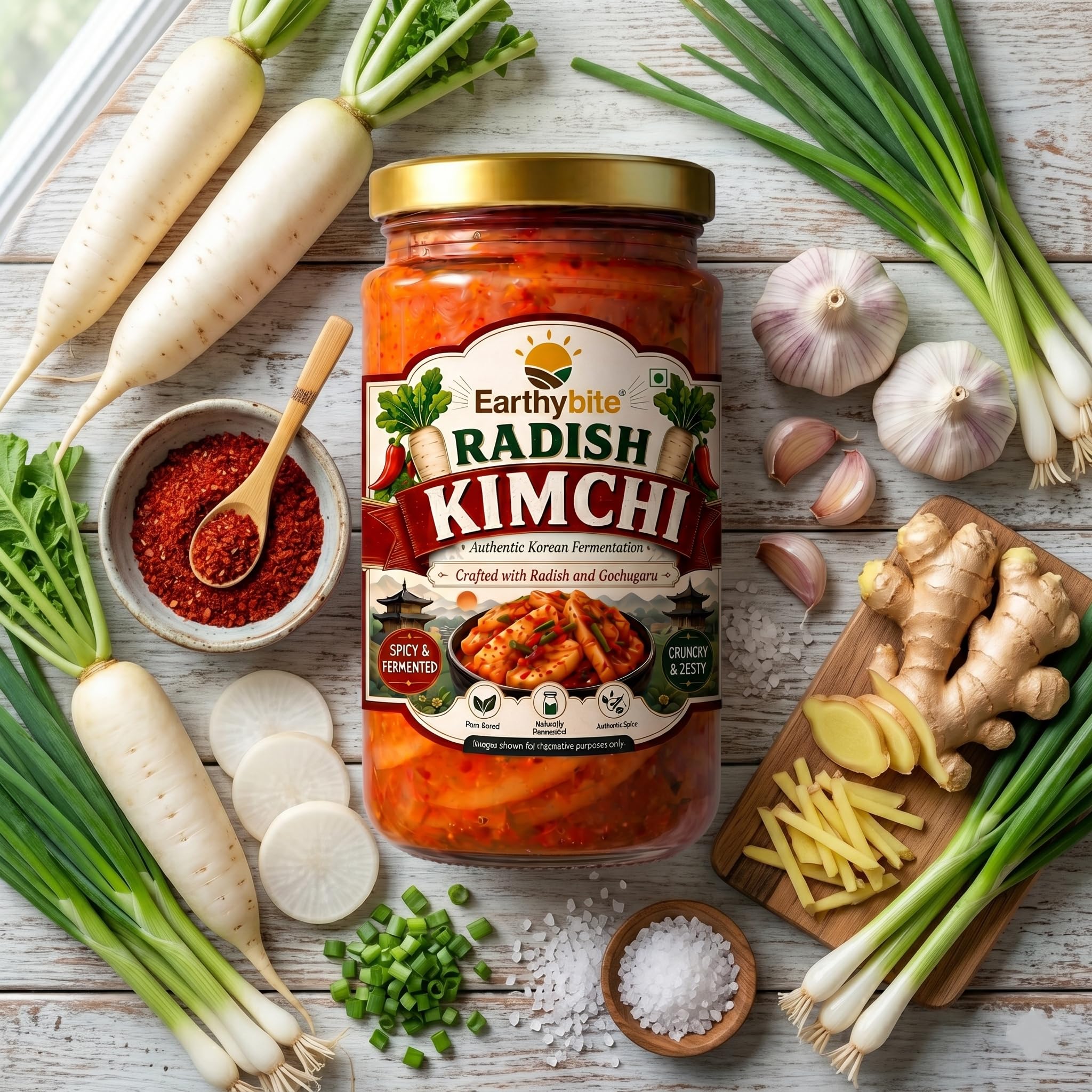 Earthy Bite Authentic Radish Kimchi 250g – Premium Korean Fermented Mooli Kkakdugi Kimchee | Spicy Probiotic-Rich Gut Support | Vegan, Plant-Based Pickled Side Dish | Ready-to-Eat, Preservative-Free 1