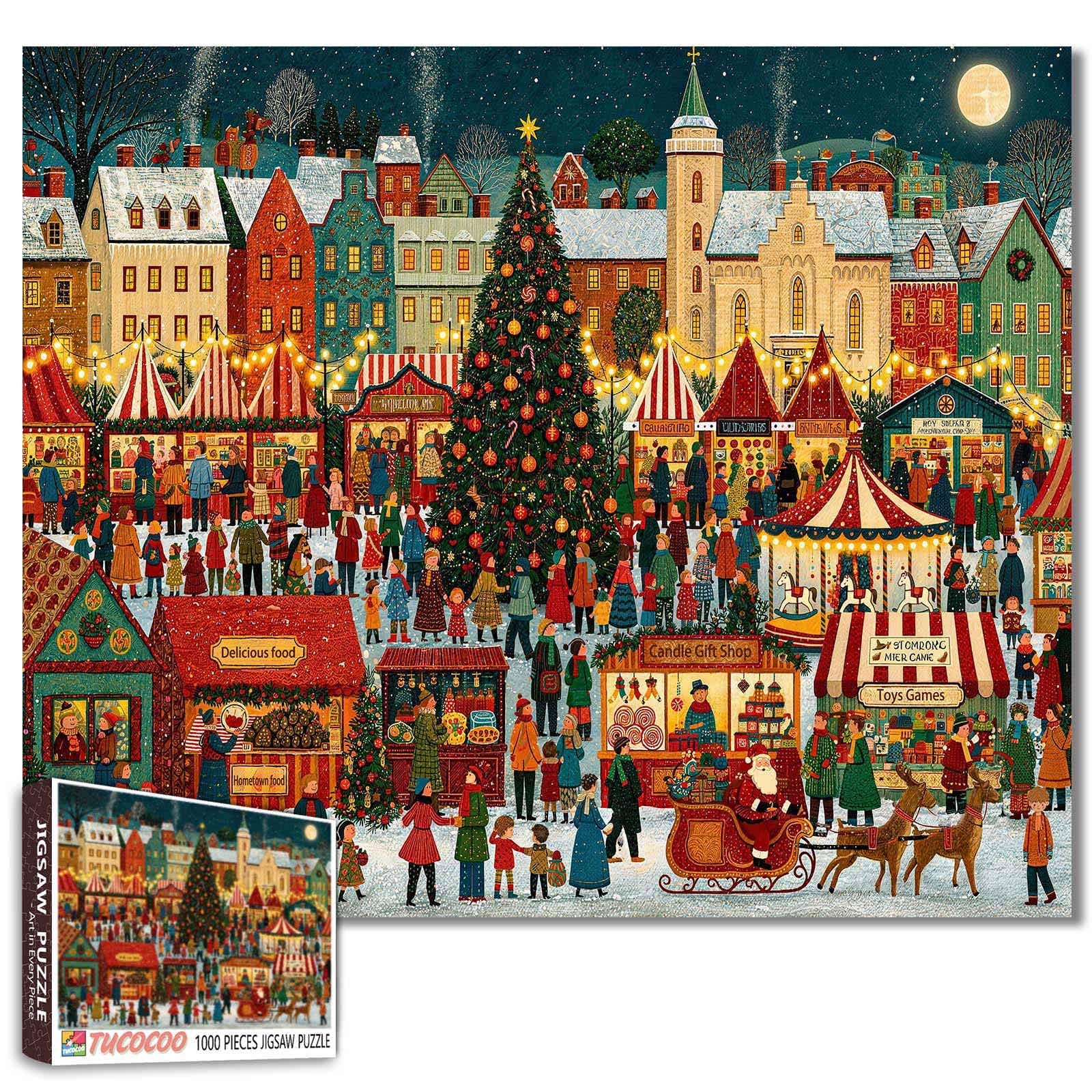 Winter Festival Market Christmas Town Jigsaw Puzzles for Adults 1000 Pieces Santa Claus Festive Holiday Celebration Family Activity Games Home Decor Gifts 19.7 x 27.6 Inch โ image 1