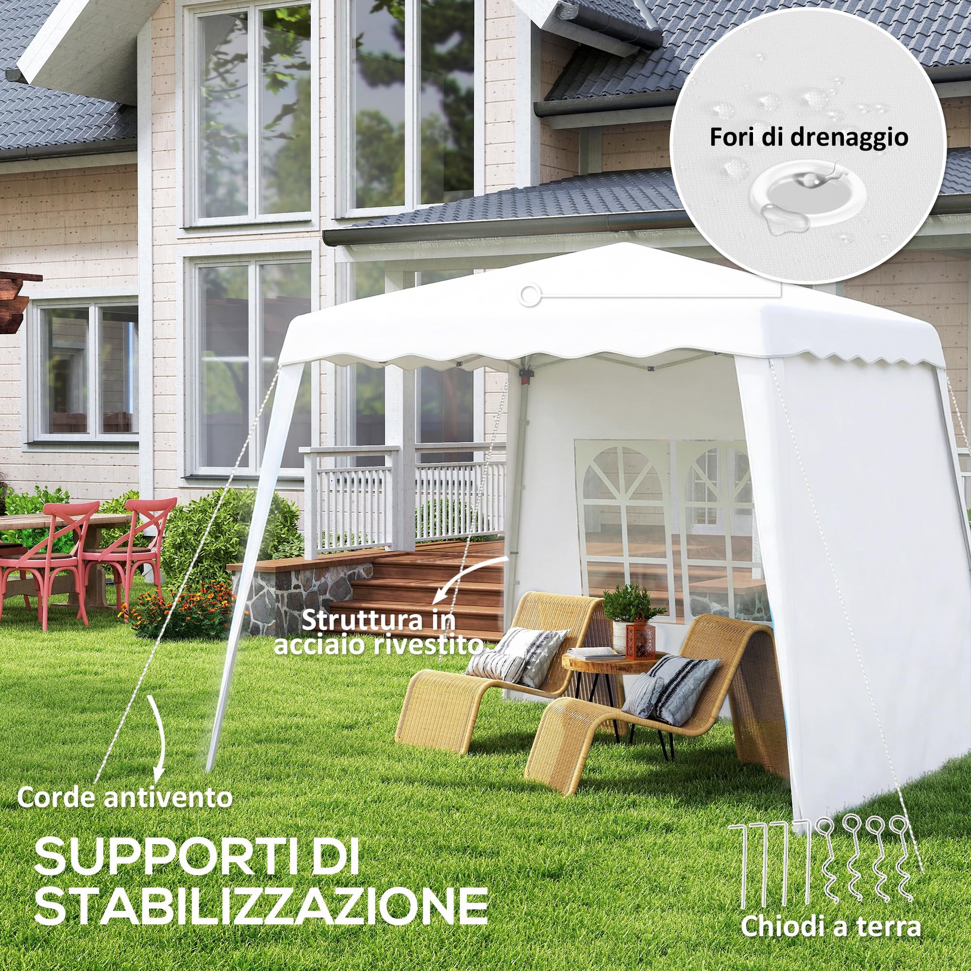 Outsunny Gazebo Pieghevole 2.4x2.4 m Pop Up Altezza Regolabile Bianco | 3 Livelli, Borsa da Trasporto, Gazebo da Esterno, Acciaio e Oxford, UV50+, per Giardino, Feste