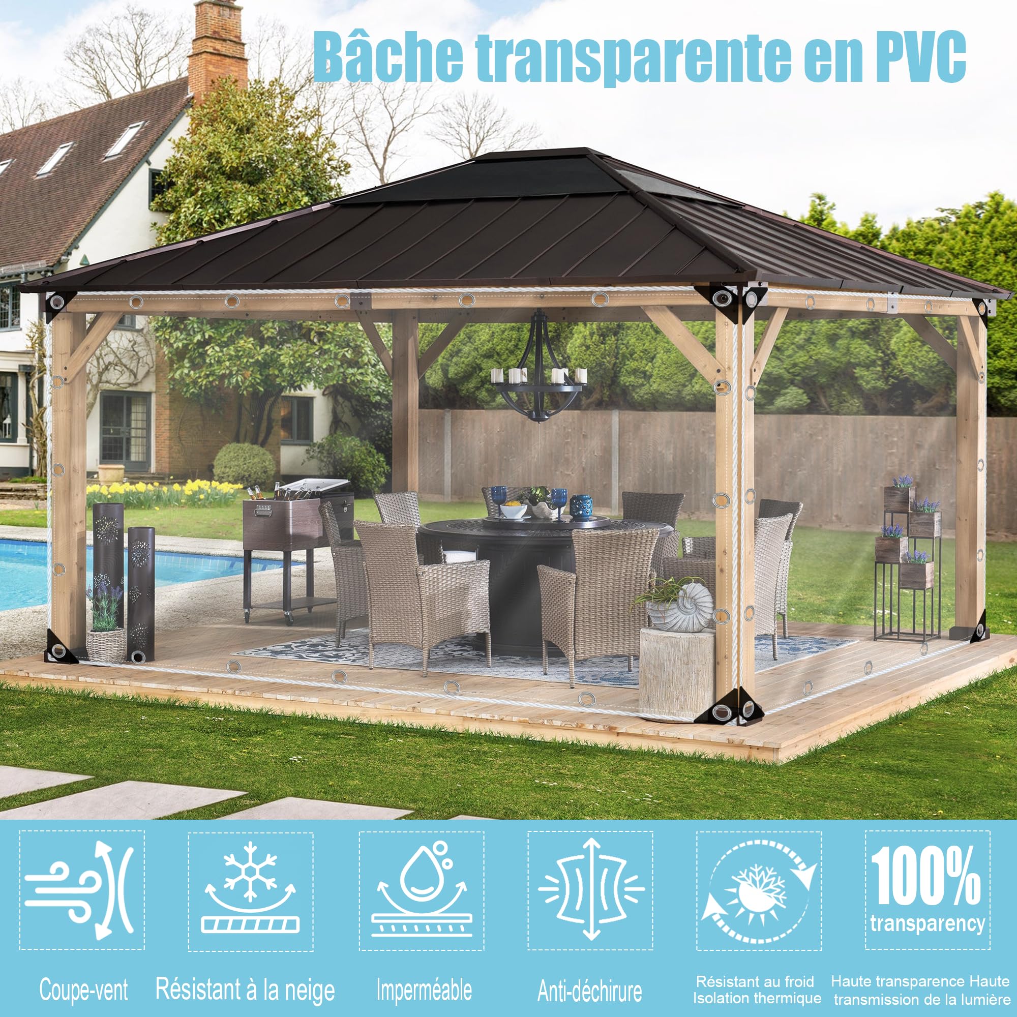 Bâche Transparente Extérieure 1x3m, PVC Souple Imperméable Anti-Déchirure avec Oeillets - Bâche de Protection Polyvalent pour Pergola, Terrasse, Jardin, Balcon, Serre