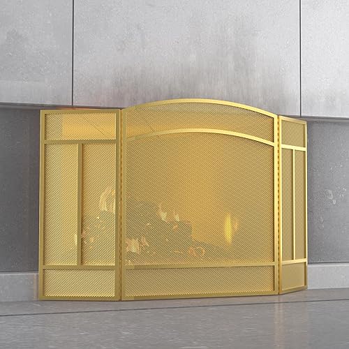 Miniatura 7 de Pantalla para chimenea Fire Beauty de 3 paneles, hierro forjado, 122 cm (L) x 74 cm (H), cubierta protectora contra chispas (Dorado Pulverulento)