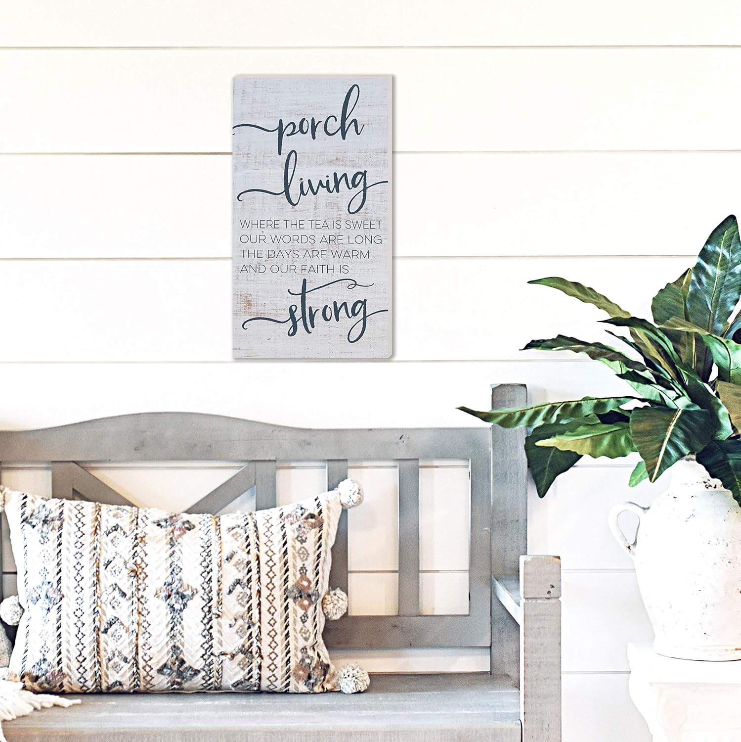 11"x20" Whitewash/Navy Porch Living Indoor Outdoor Sign, Multi