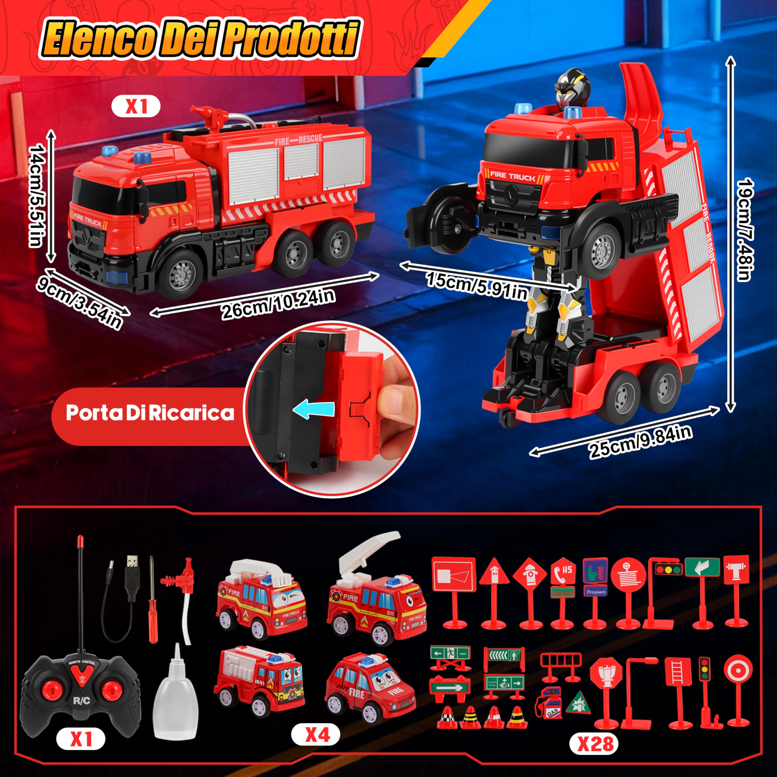 Charmofun Camion Pompieri Giocattolo Telecomandato, Autopompa Vigili del Fuoco con Luci e Suoni, Pompiere Giocattoli con Irrigatore, Trasforma Robot e Macchina Telecomandata, Regalo Bambini