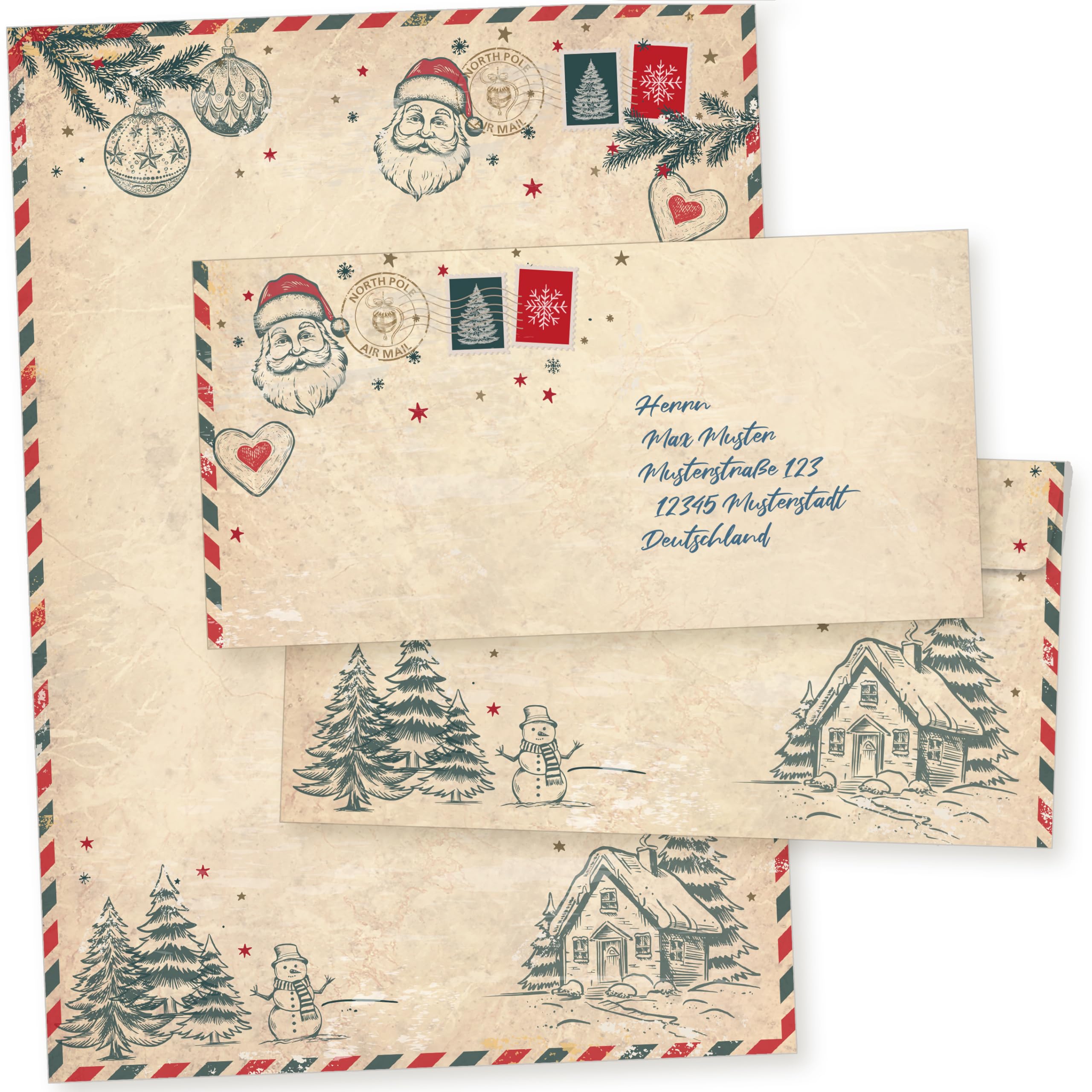 North Pole Air Mail 500 Sets Weihnachtsbriefpapier mit Umschlag ohne Fenster Weihnachtspapier A4 Briefpapier Weihnachten