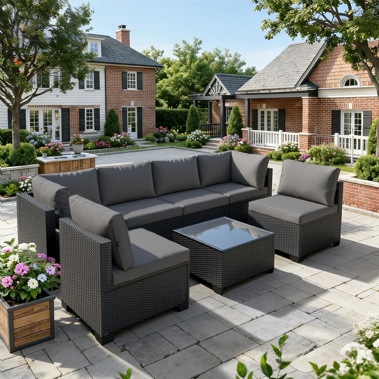 WWR Patio Furniture Set 7 Piece - All-Weather - Wicker Rattan Patio Outdoor Conversation Set, Modular Sectional Sofa for Backyard, Garden, Poolside, Balcony, Porch, Patio,Black/Dark Gray