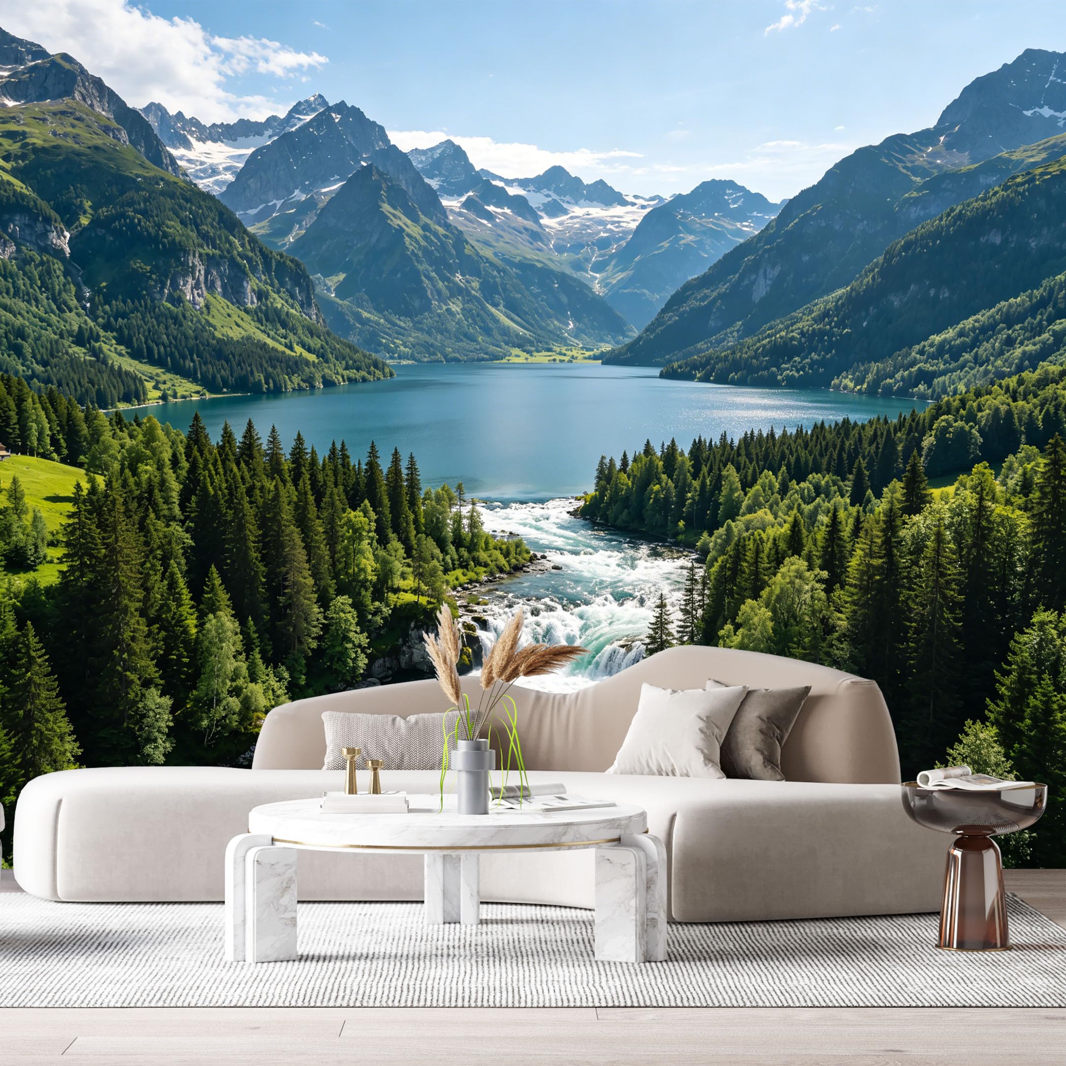 Custom Size Wall Murals Alpine Mountain Lake Landscape Forest Waterfall Nature View SelfAdhesive Wall Fabric Removable Large Wallpaper for Photo Living Room