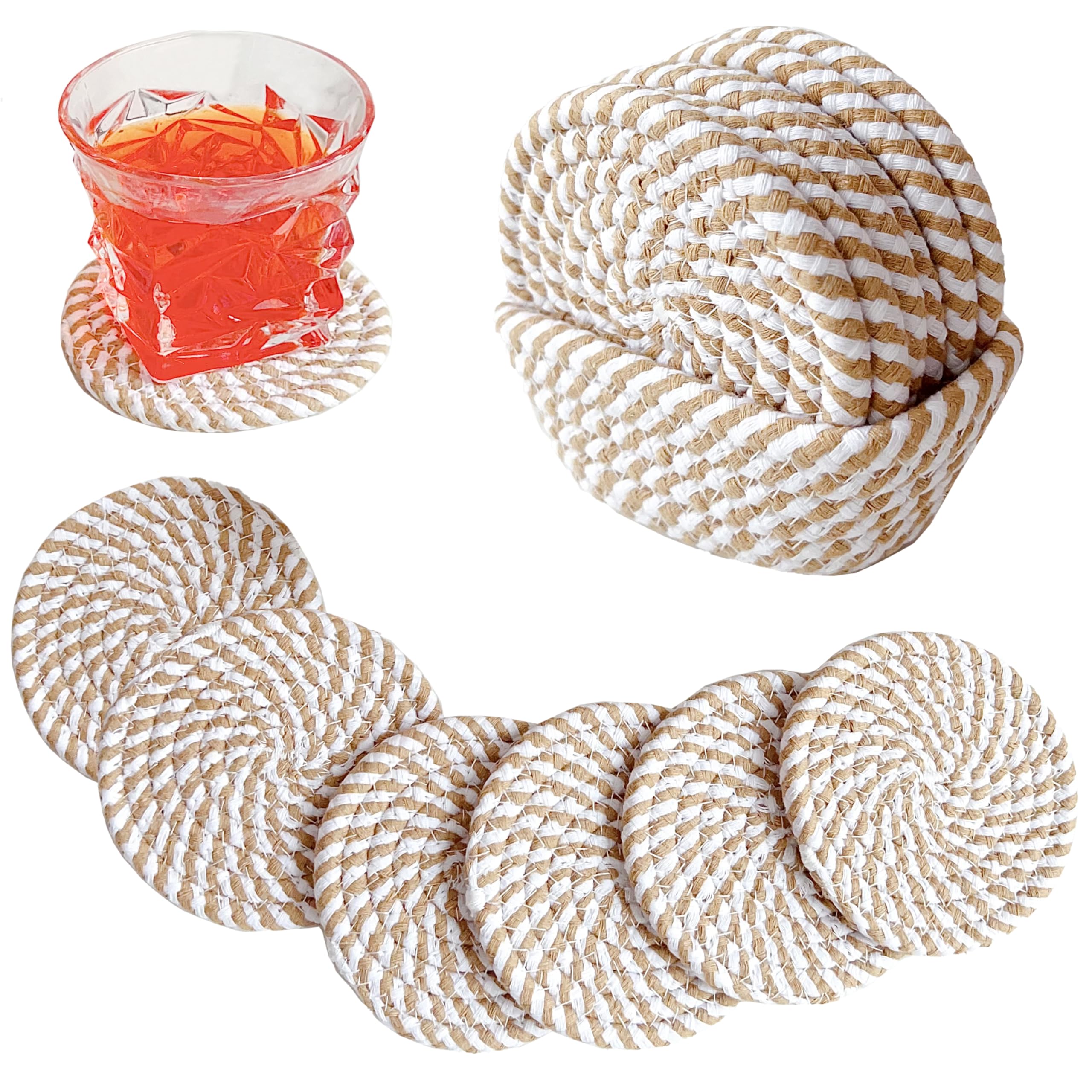 Valdivia Boho Drink Coasters with Storage Basket, Handmade Woven Cotton Absorbent Coaster Set of 6, Minimalist Home Decor for Coffee Table, Kitchen, Housewarming Gifts for Home Decoration Presents