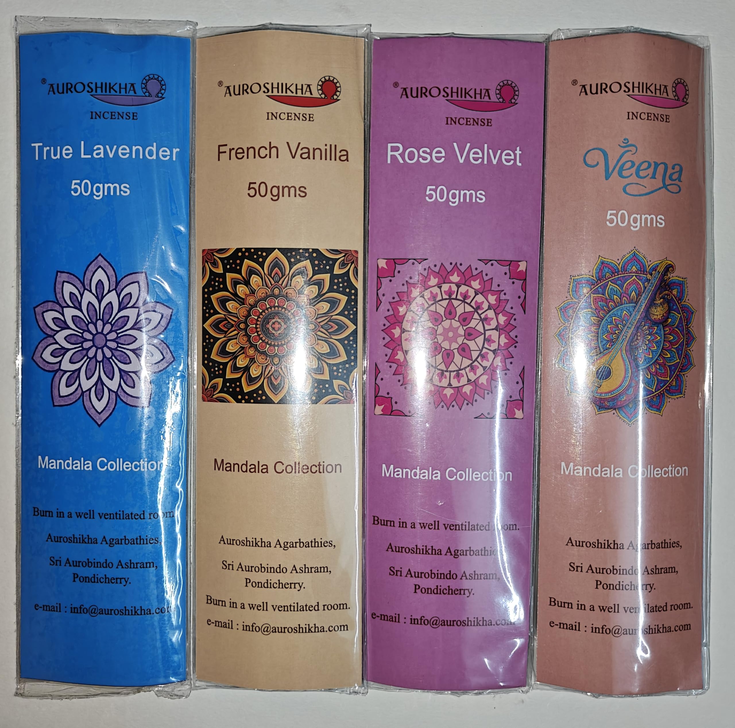 Auroshikha Incense Sticks Collection- True Lavender, French Vanilla, Rose Velvet, Veena, 50gms Each, 4 Pack -200g-image-27