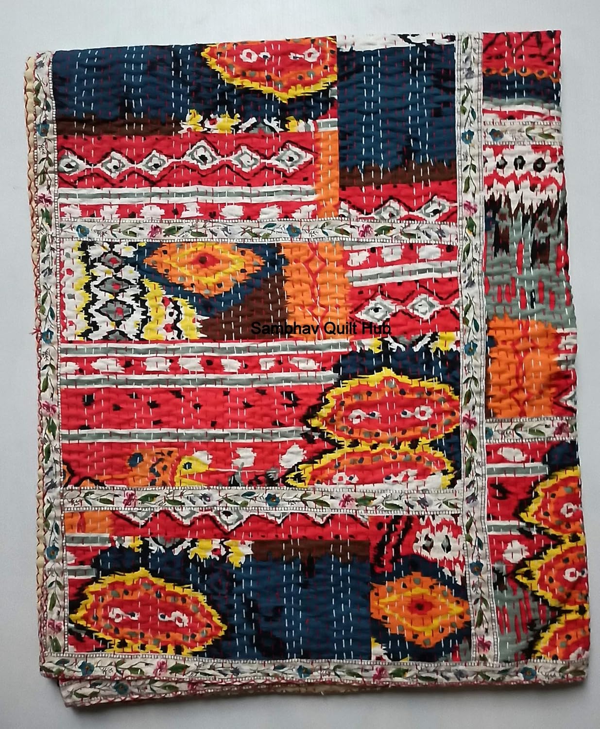 Queen Size Floral Patchwork Print Kantha Handblock Bird Kantha Home Decor Quilt Bedspread Boho Bedding Queen Size/King Size Bed Cover Kantha Quilt