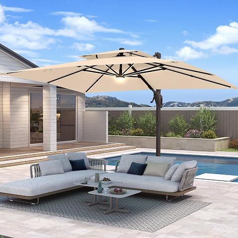 10 x 13 ft Cantilever Patio Umbrella with Base & Lights