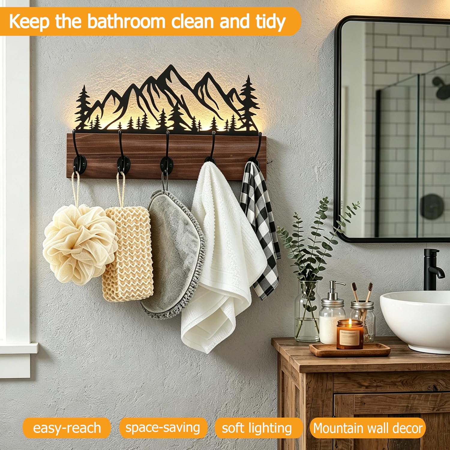 Metal Mountain Wall Mount Coat Hooks,Wall Mounted with Remote-Controlled LED Strip Lights-5 Black Hooks Brown Real Wood Plank Hat Rack for Wall Hooks for Hanging Coat Hat Towels