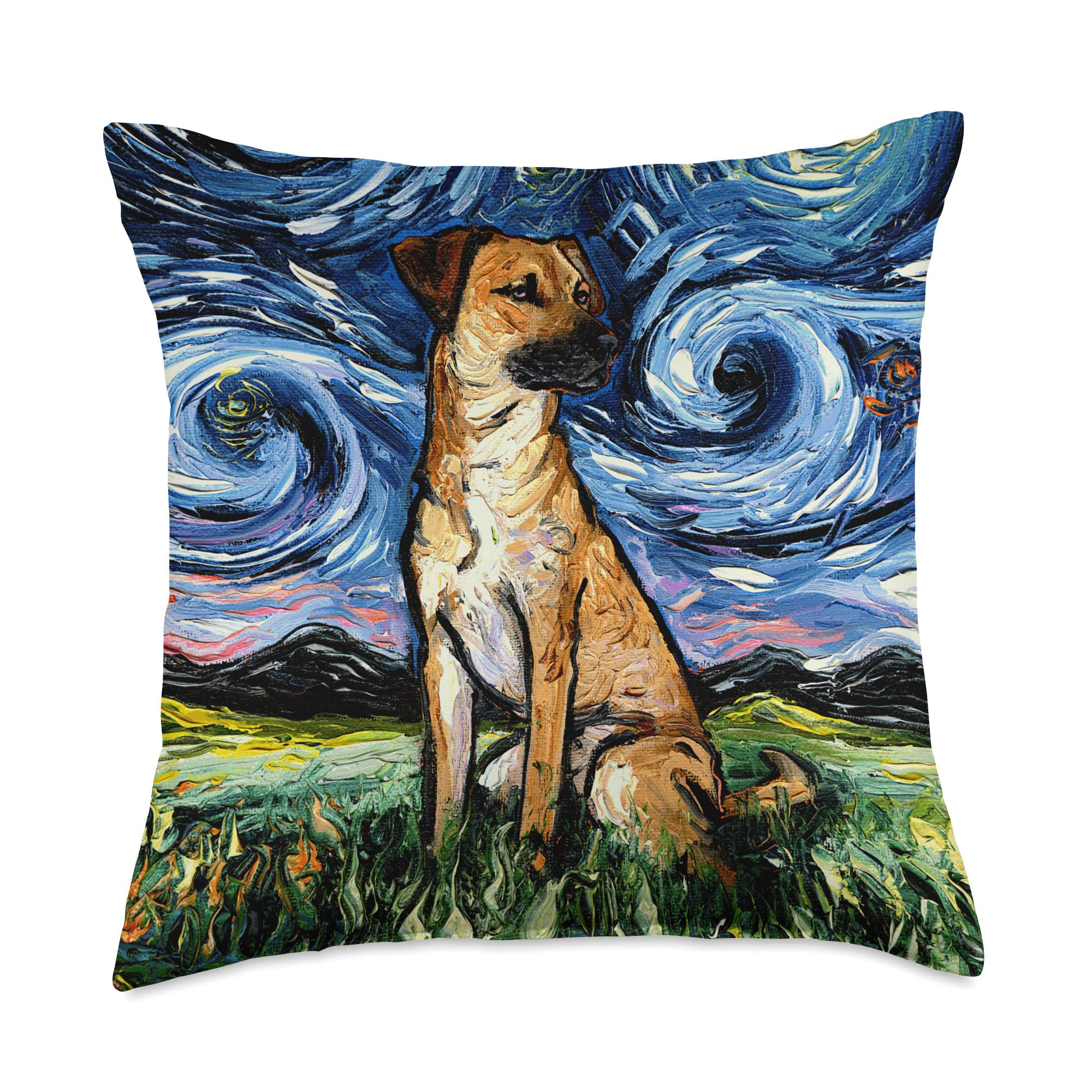 Black Mouth Cur Starry Night Dog Animal Art by Aja Throw Pillow