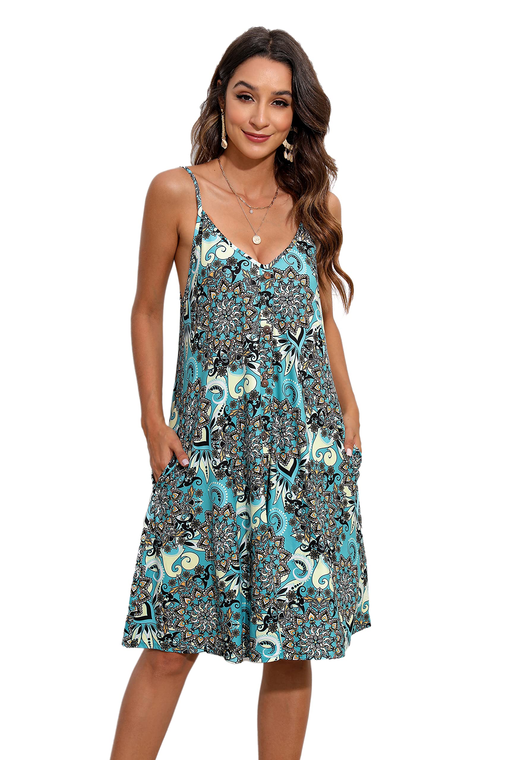 Enmain Mujer Vestidos Verano Floral Sin Mangas Vestido de Playa hasta la Rodilla Casual Cuello en V Tirantes de Espagueti Vestidos con Bolsillos para Fiesta Hawai Vacaciones S-2XL