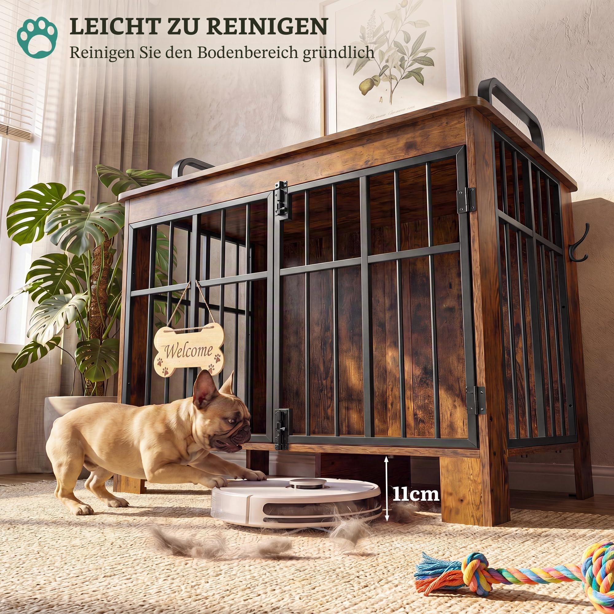 YITAHOME Große Hundebox für Zuhause 100cm, Doppeltür, Vintagebraun | Absturzsicherung, Knochen-Welcome-Schild, Haken, Riegel, Beistelltisch nutzbar, Für Mittel-Großhunde bis 50kg. Pflegeleicht.