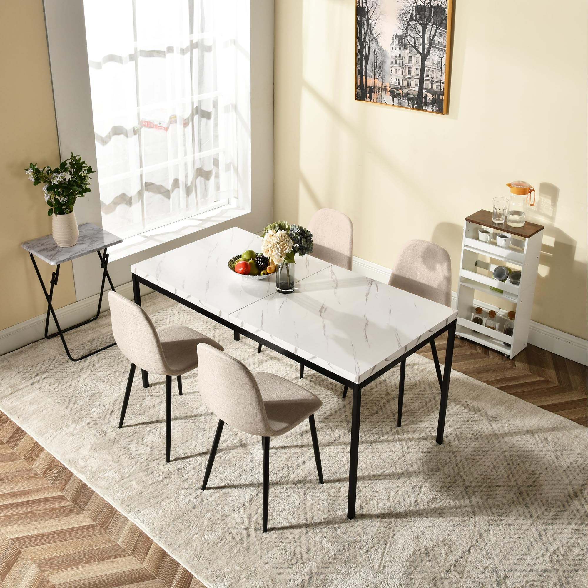 FurnitureR Tavolo da pranzo, tavolo da cucina in marmo modello, tavolo da cucina rettangolare telaio in metallo con piedi regolabili per sala da pranzo soggiorno, 120x70x75cm, bianco