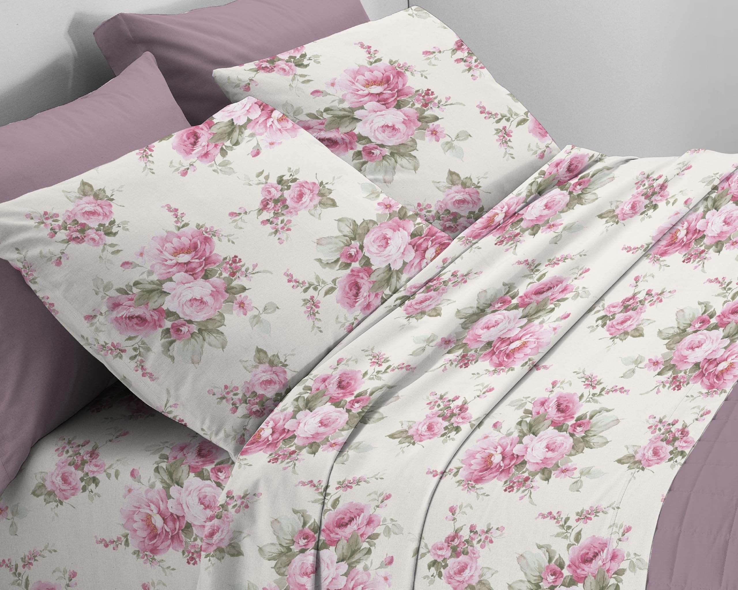 Mahome Set Completo Letto in Pregiata Flanella 100% Cotone con Trattamento Antipalline - Completo Lenzuola Caldo Cotone Morbide Artigianali Alta Qualità Made in Italy (Arianna Rosa, Piazza e Mezzo)