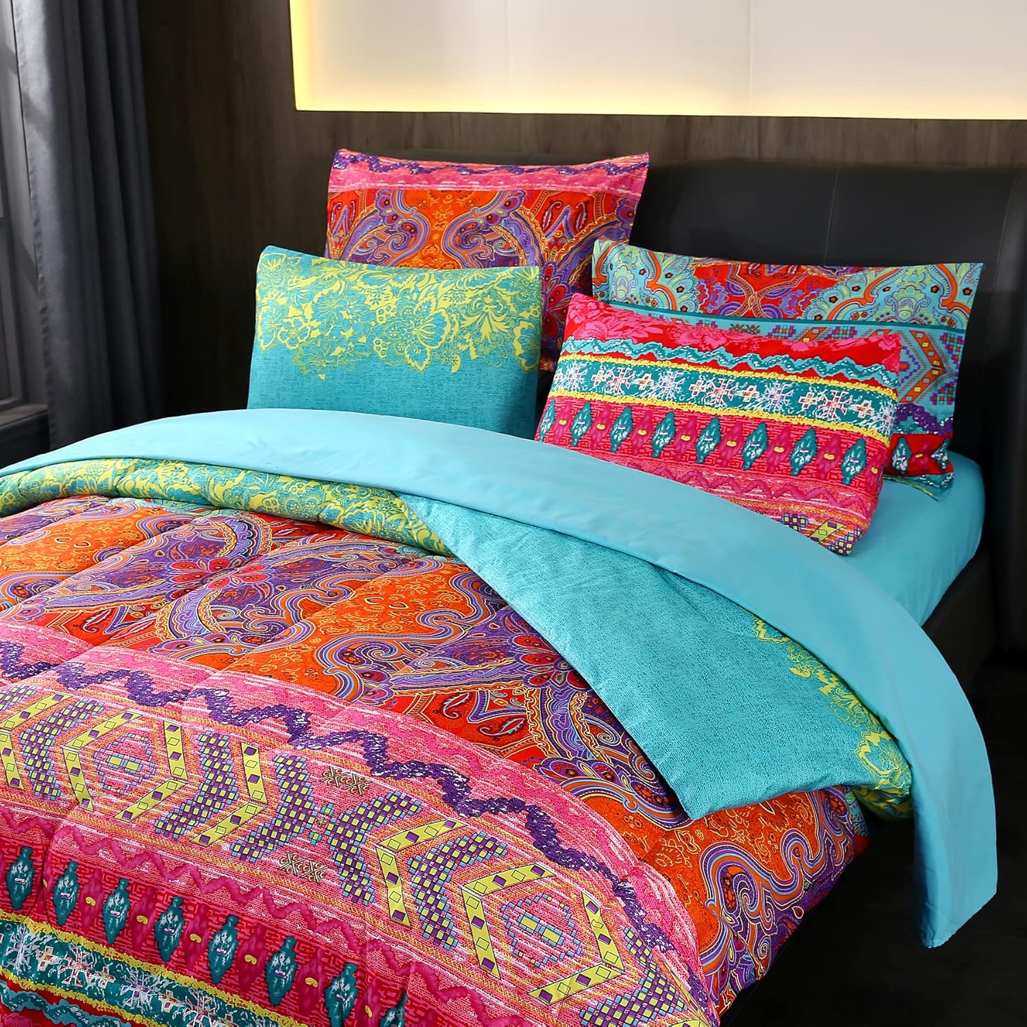 Bohemian Bed in a Bag 7 Pieces Queen Size, Colorful Boho Style Red And Blue Printed, Reversible Comforter Set (1 Comforter, 1 Flat Sheet, 1 Fitted Sheet, 2 Pillow Shams, 2 Pillowcases) (Queen, Red)