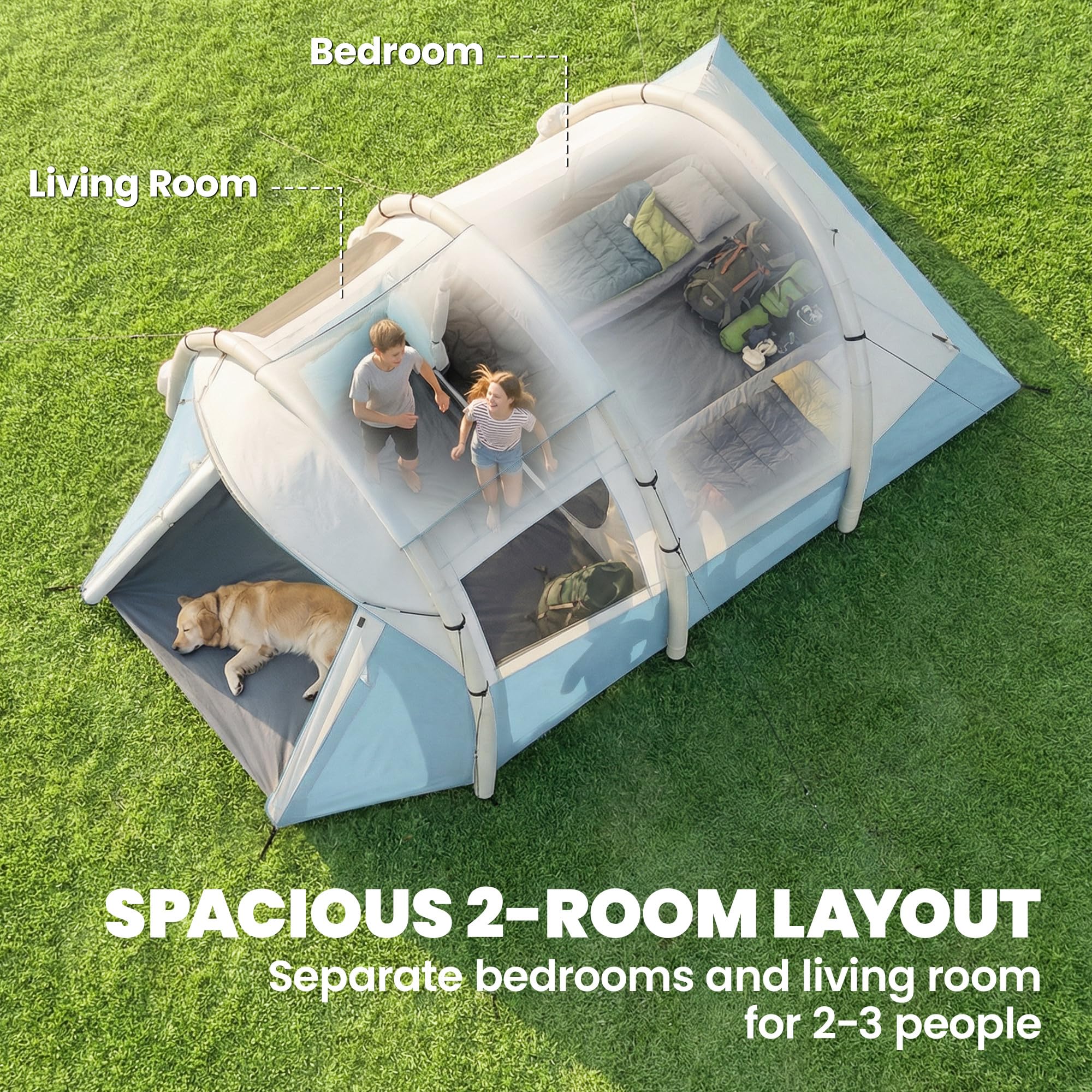 Outsunny Tente de camping gonflable avec pompe à air, installation facile pour 2 à 3 personnes, 3 000 mm, étanche avec 2 pièces, fenêtres, portes et sac de transport