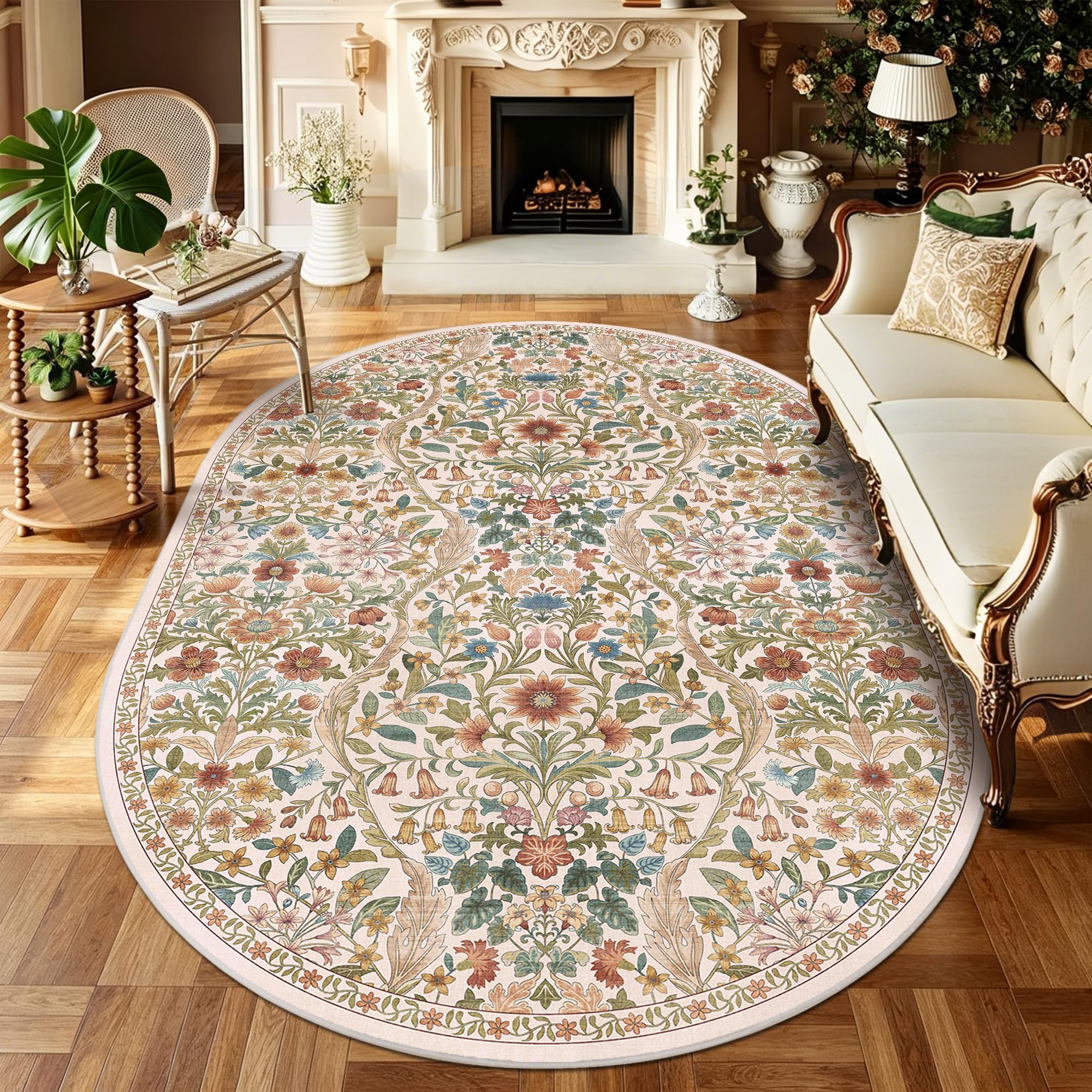 5x7 Oval Rug Washable Floral Print Rug Non-Slip Indoor Carpet