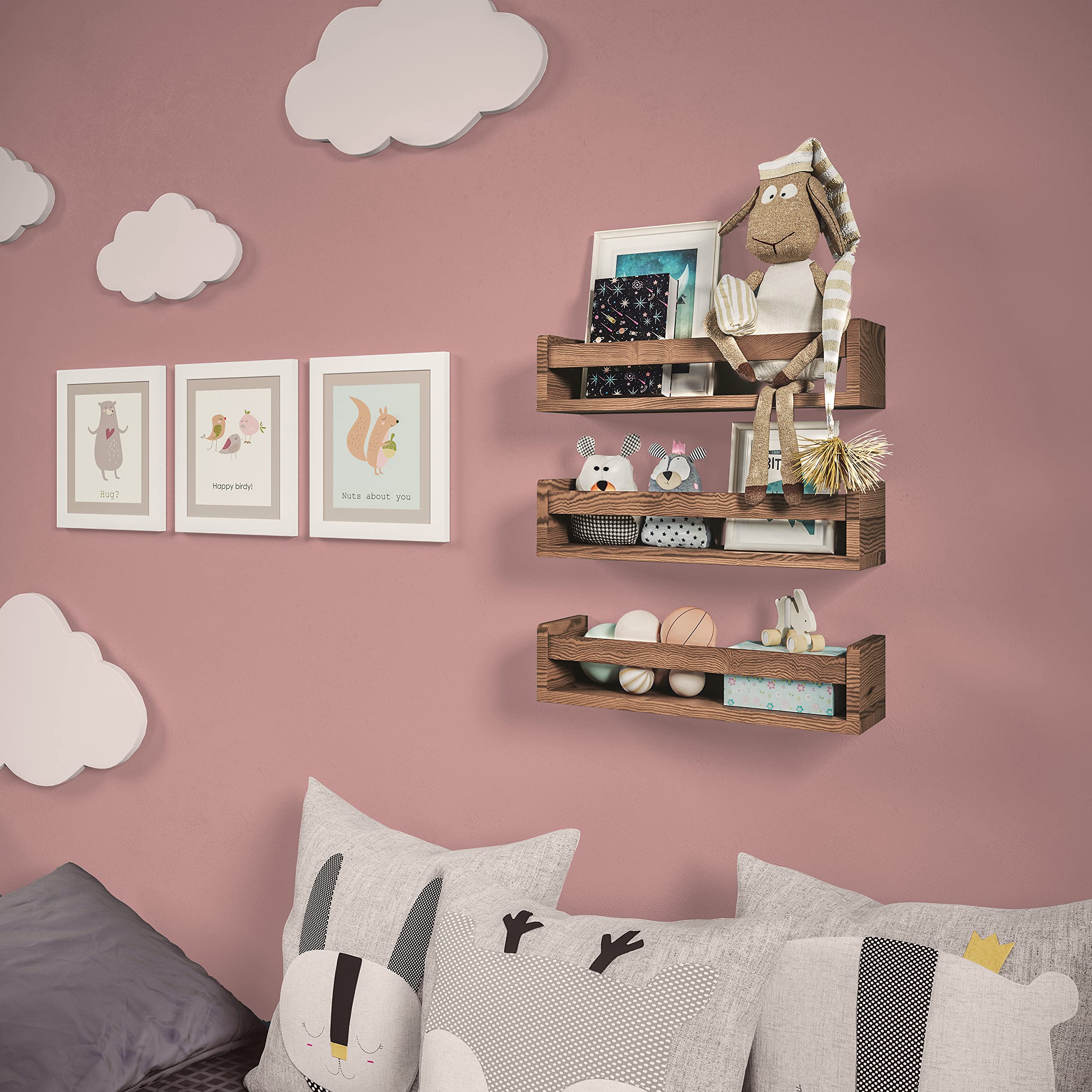 Set of 3 White Nursery Room Shelves - Solid Wood Ideal for Books, Toys and Decor (Barnwood Brown)