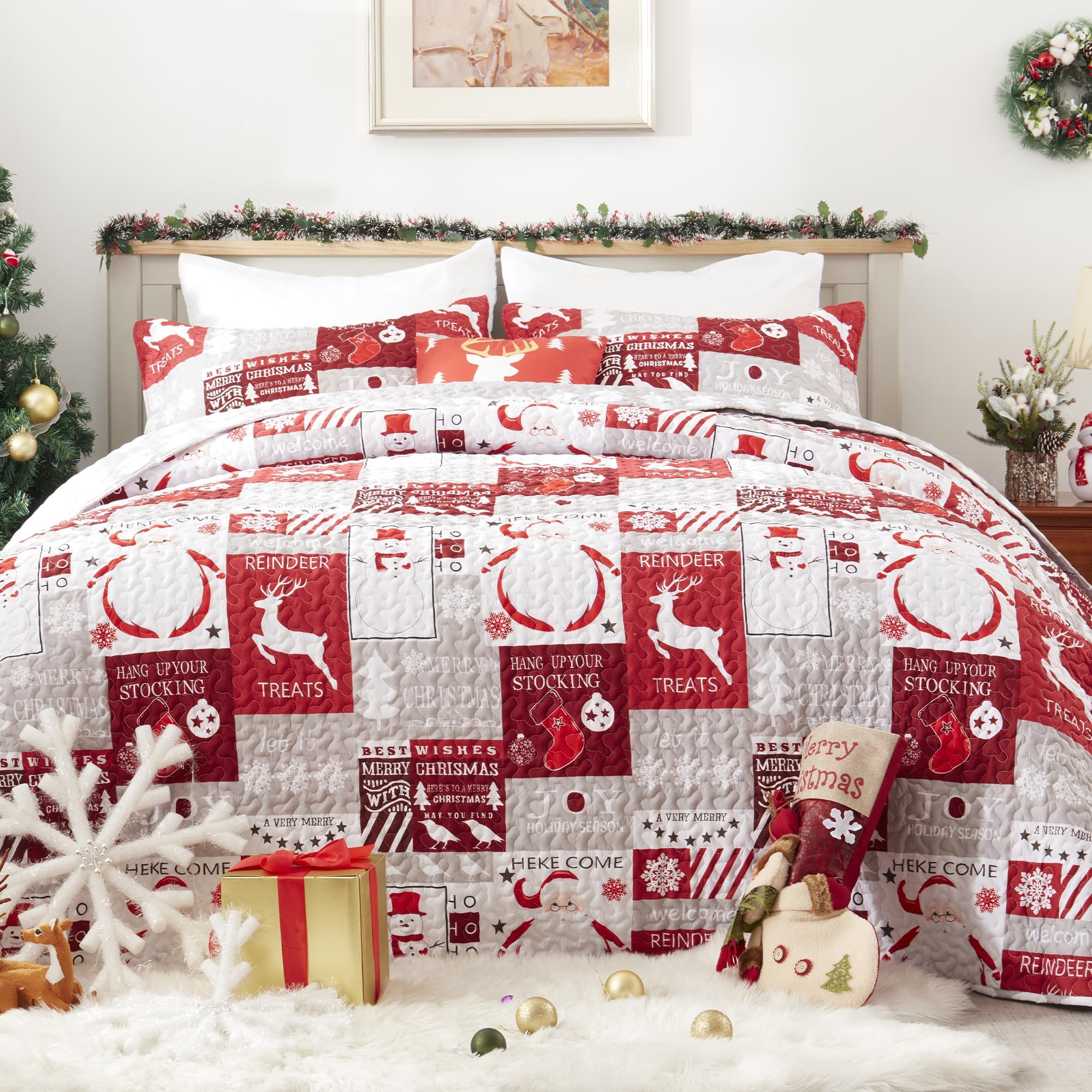 Reversible King Quilt Set with Christmas Tree, Snowman