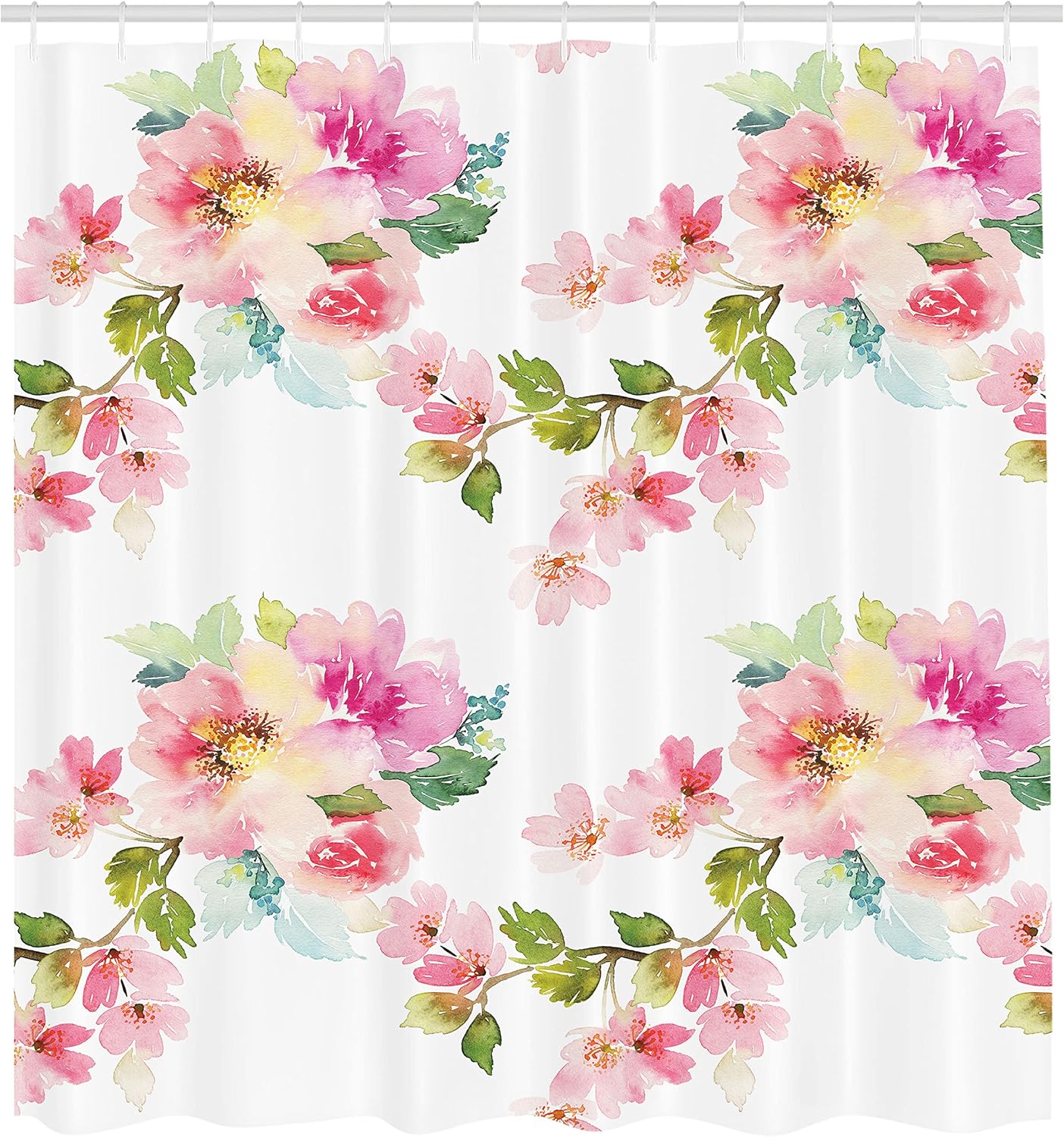 Ambesonne Flower Shower Curtain, Springtime Colorful Pastel Blooming Watercolor Style of The Wildflowers and Leaves of Pattern Art, Cloth Fabric Bathroom Set with Hooks, 69" W x 75" L, Green White