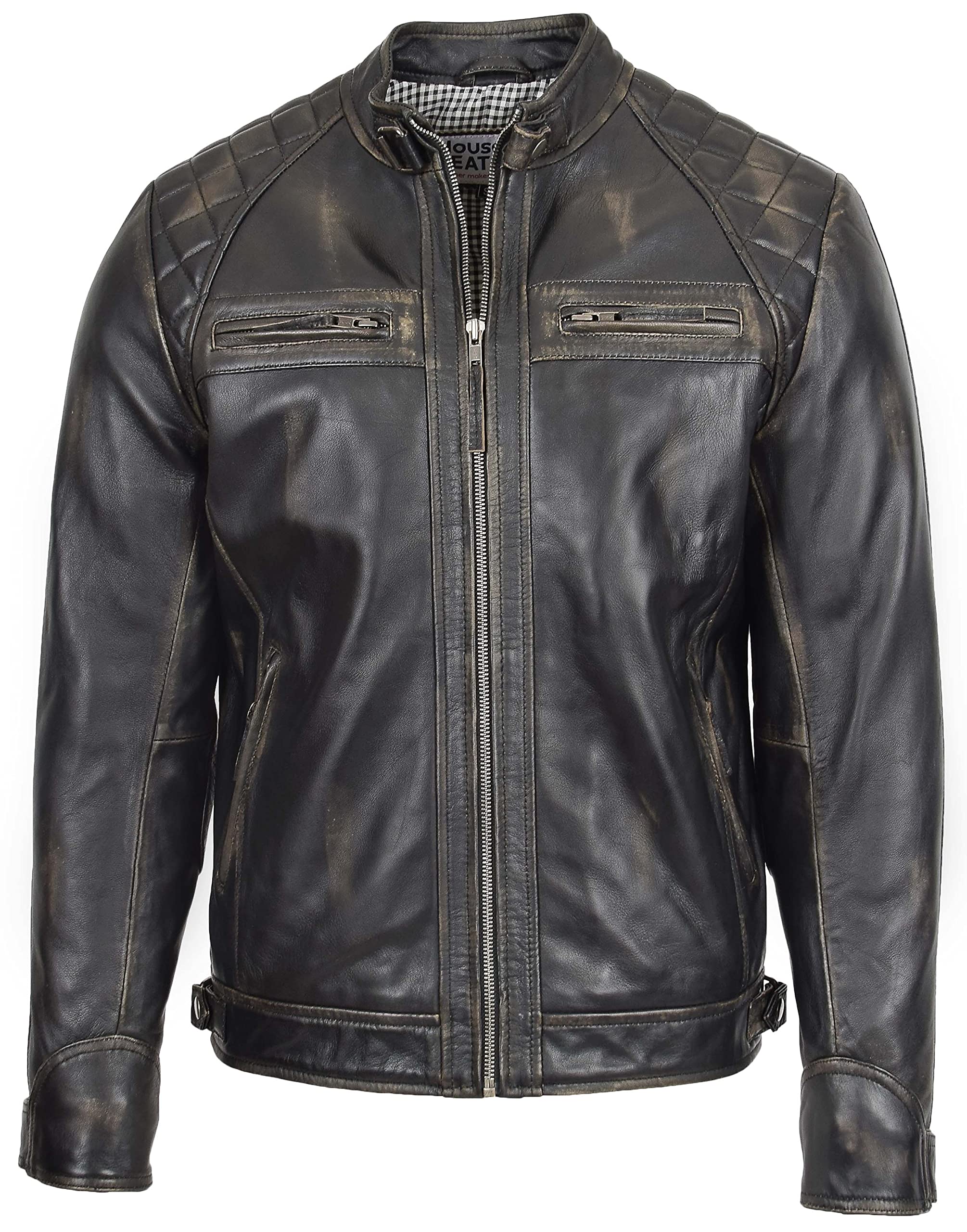 Mens Real Leather Biker Jacket Casual Cafe Racer Style Bowie (2XL, Rub Off)