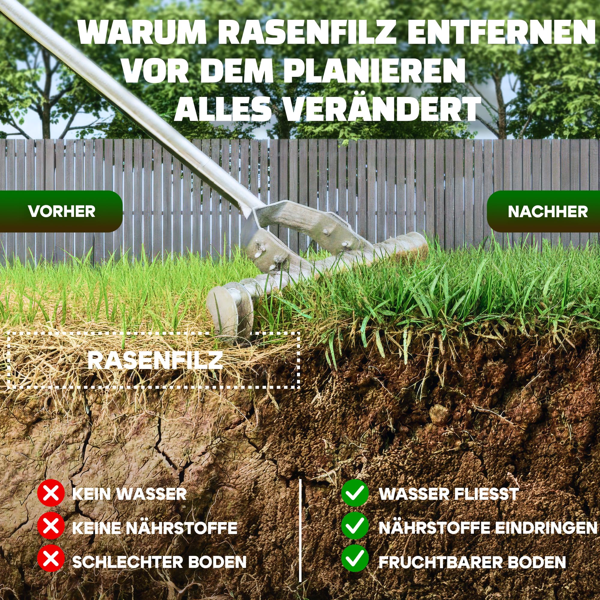 2in1 RasenRakel Edelstahl 80x30cm + vertikutierer Hand Rasen rake