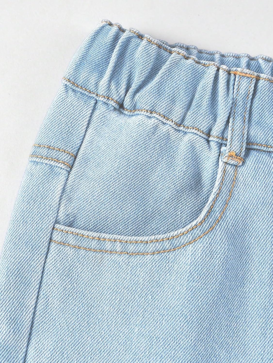 OYOANGLE Girl's Elastic Waist Flared Leg Denim Pants Raw Trim Bell Bottom Jeans with Pockets